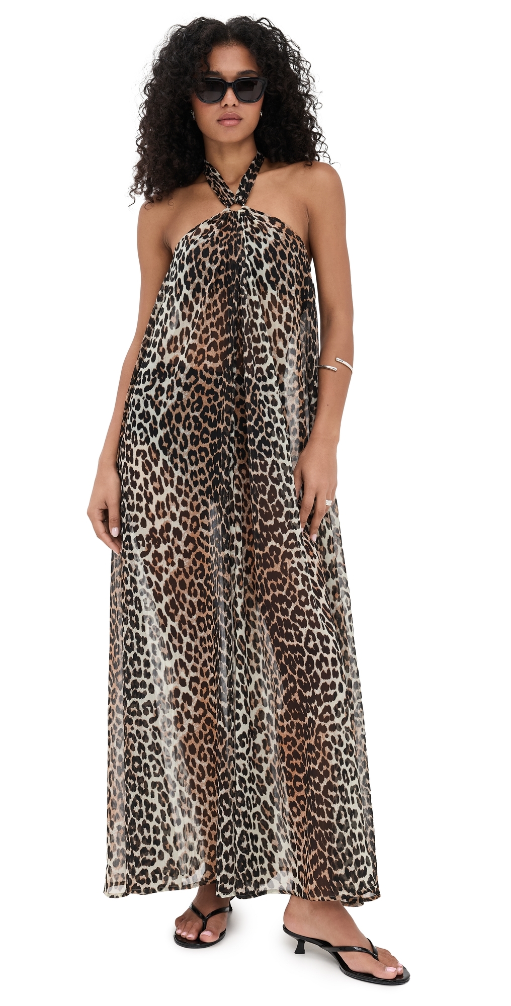 Ganni Womens Leopard Halterneck Woven Midi Dress In Animal Print