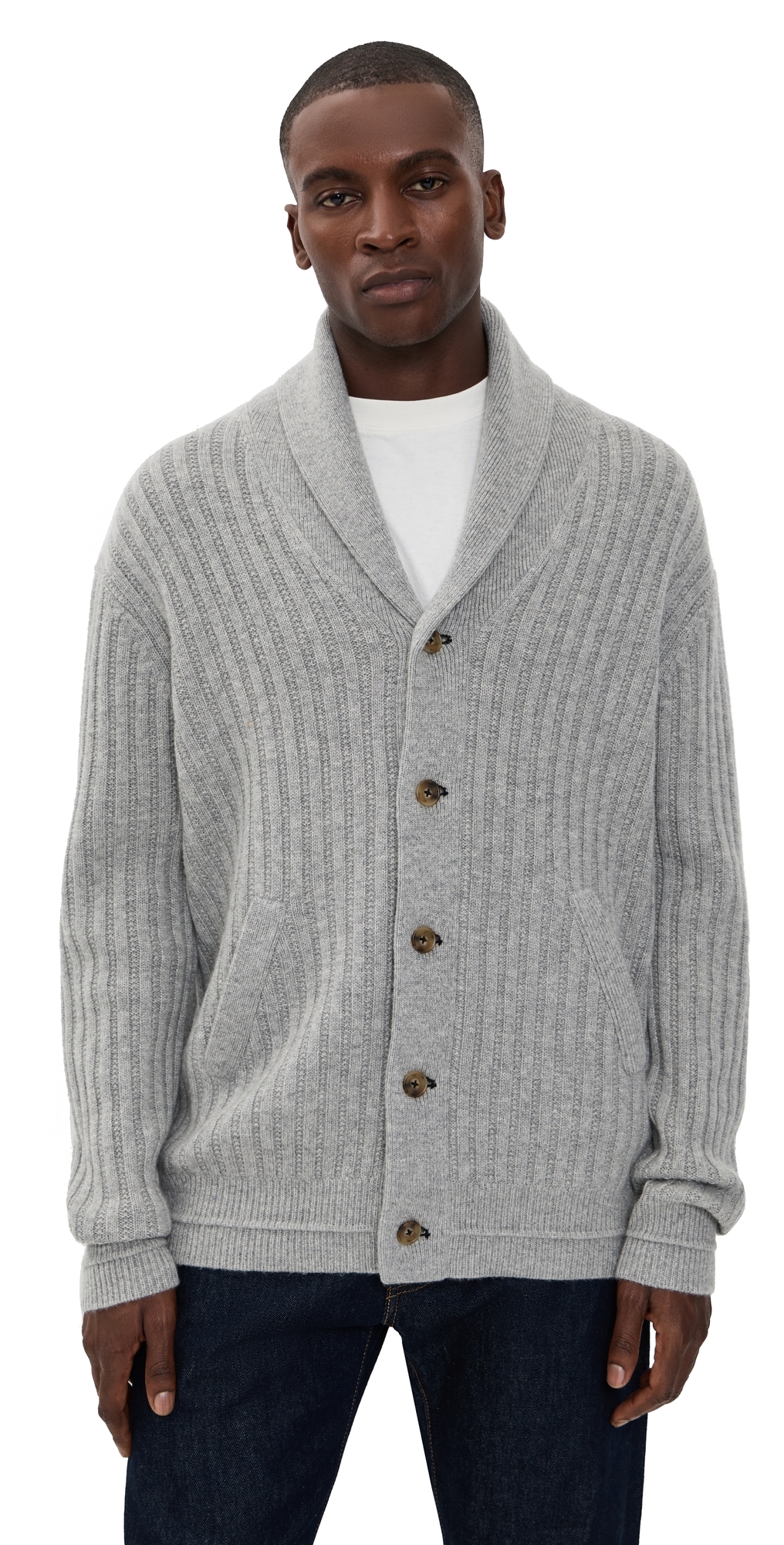 Guest In Residence Varsity Shawl-collar Ribbed Wool And Cashmere-blend Cardigan In Gray