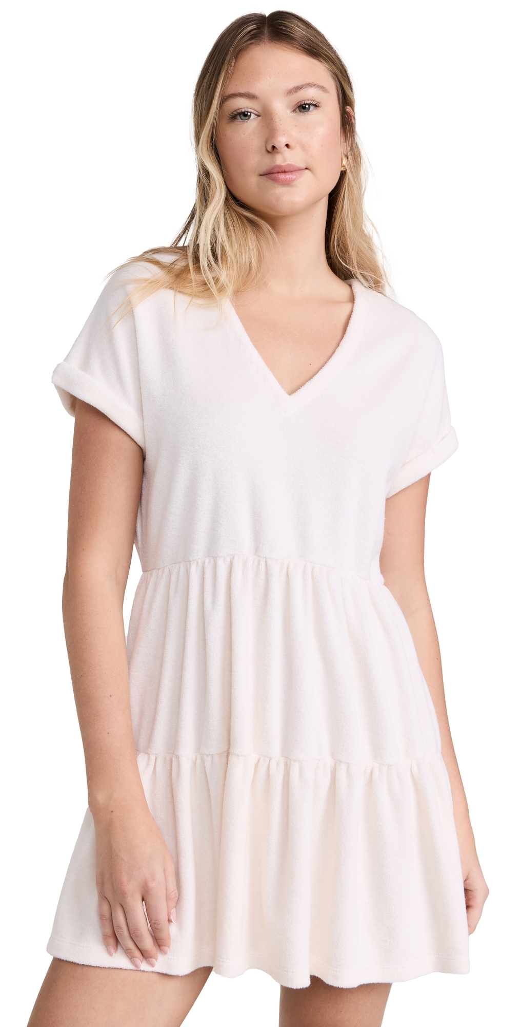 Monrow Terry Cloth Tiered Mini Dress Pearl In Pearl