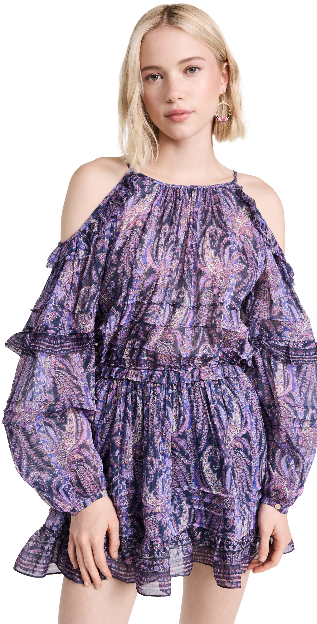Isabel Marant Gabinia Paisley-print Ruffle Cold-shoulder Mini Dress In Faded Night