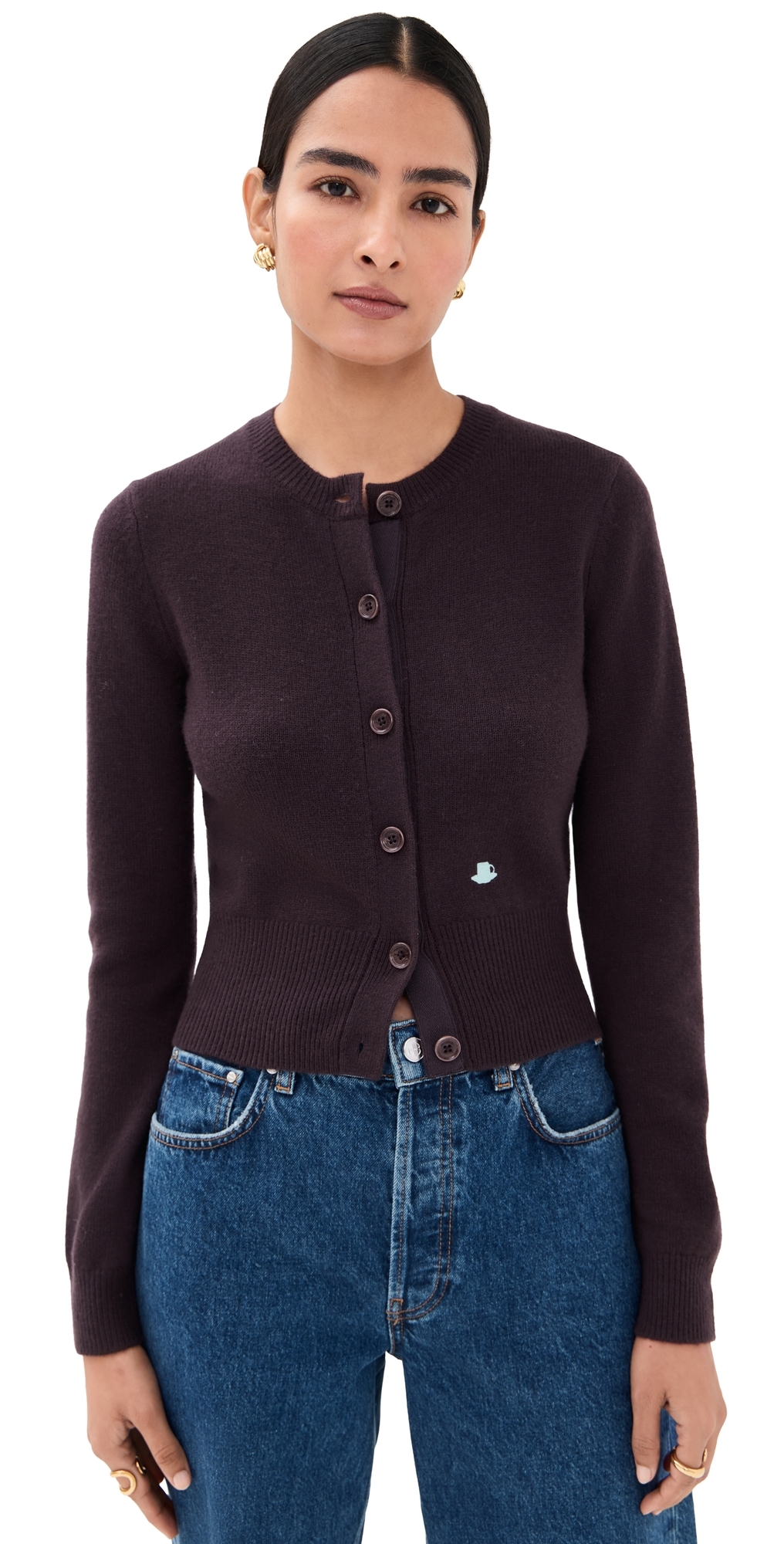 Jw Anderson Mens Chocolate Brown Regular-fit Embroidered Wool Cardigan In Purple