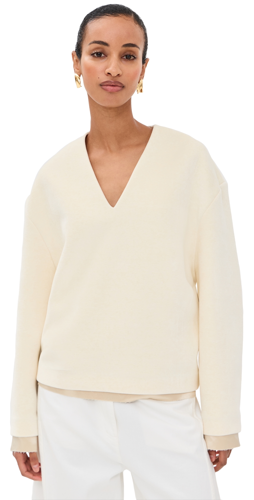 Jil Sander V-neck Top Long Sleeve Ecru In Neutral