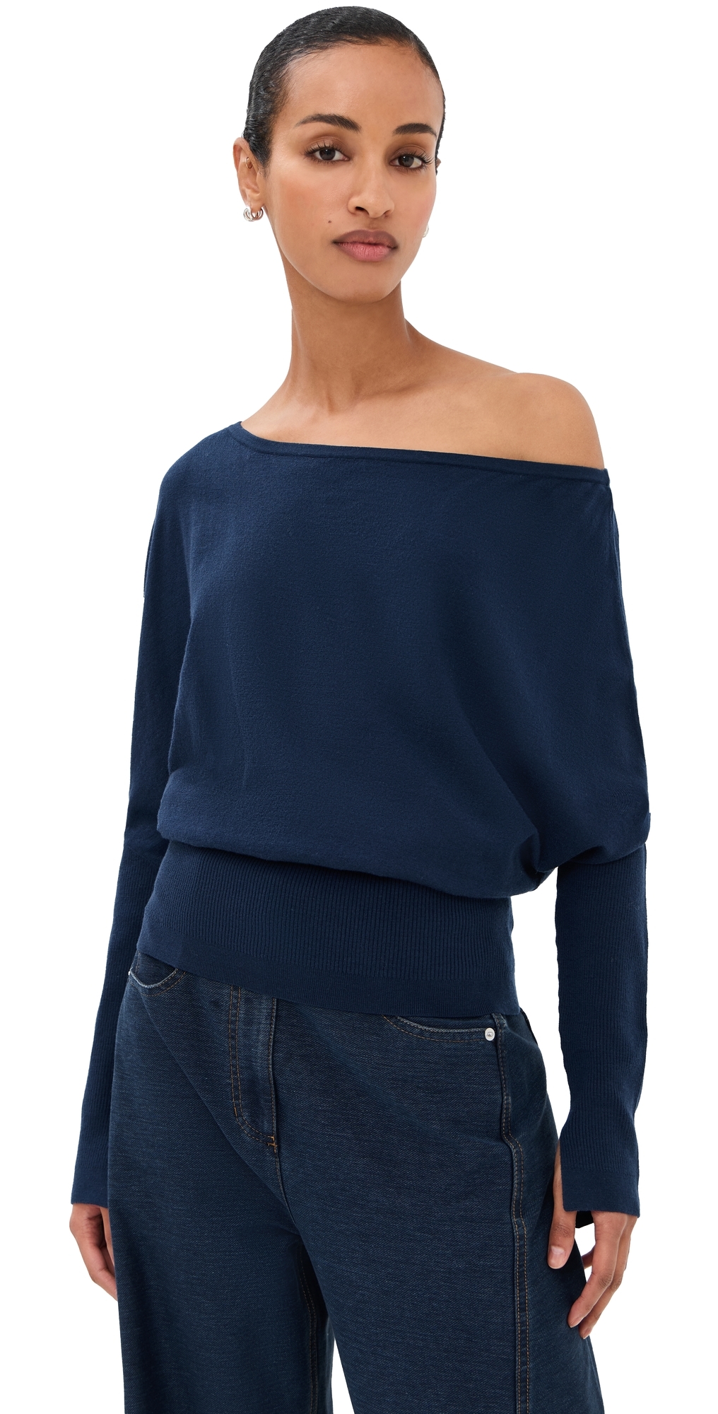 Simkhai Lavina Draped Off Shoulder Sweater Midnight In Blue