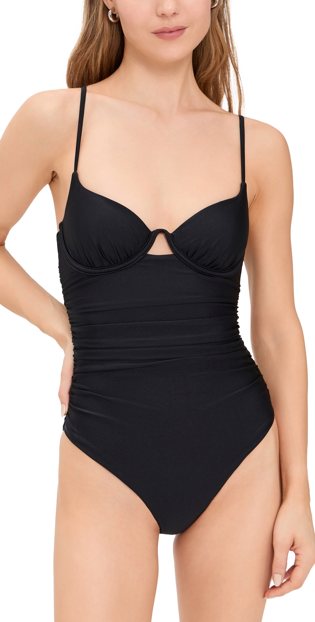 Simkhai Laine Draped Satin Swimwear Ruched Cup Underwire Swimsuit Black In Black
