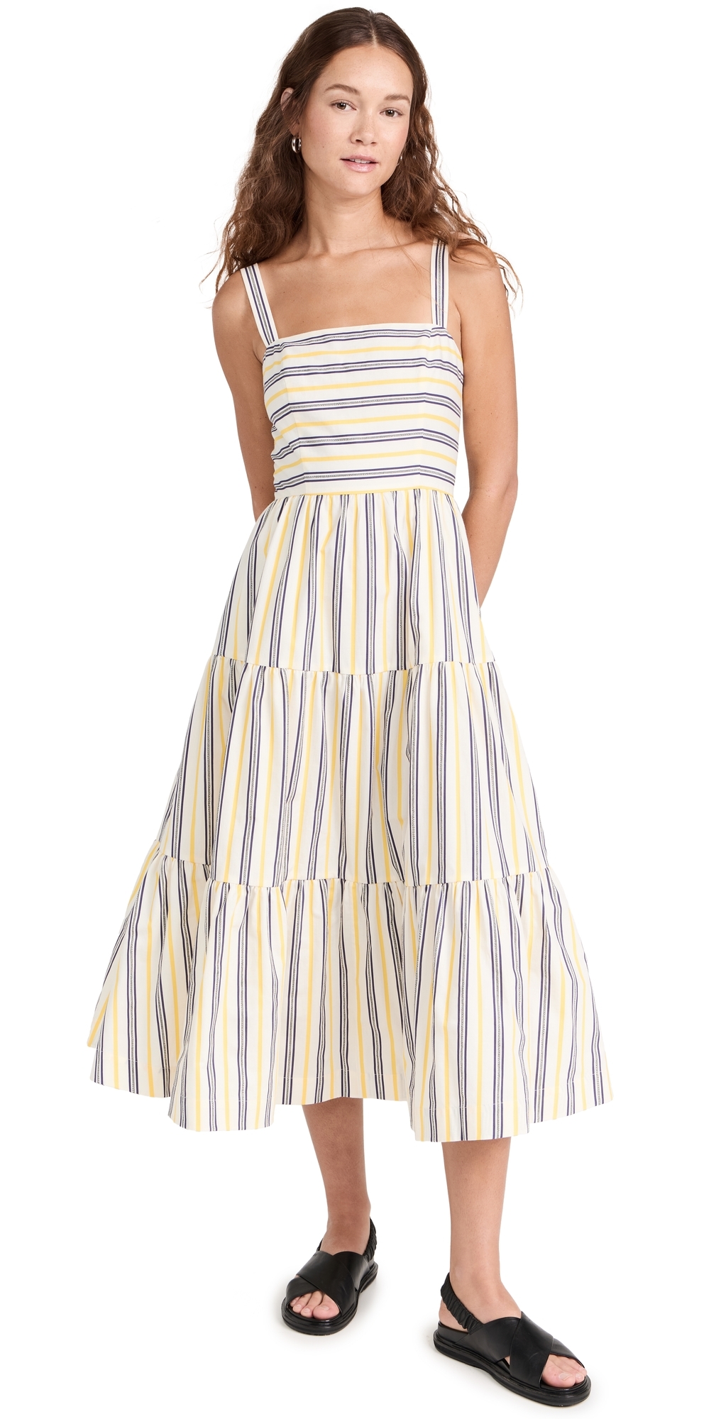 Jason Wu Tiered Striped Square-neck Midi Dress In Buttermilk/deep Plum Multi