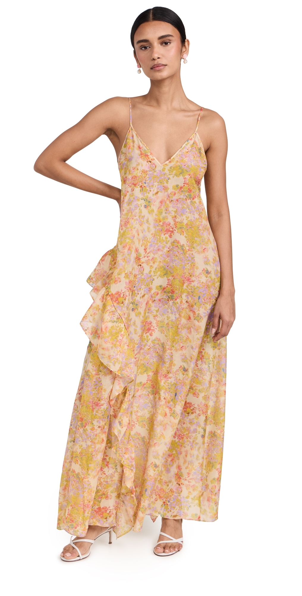 Kika Vargas Yellow Kate Maxi Dress In Pink Garden Silk