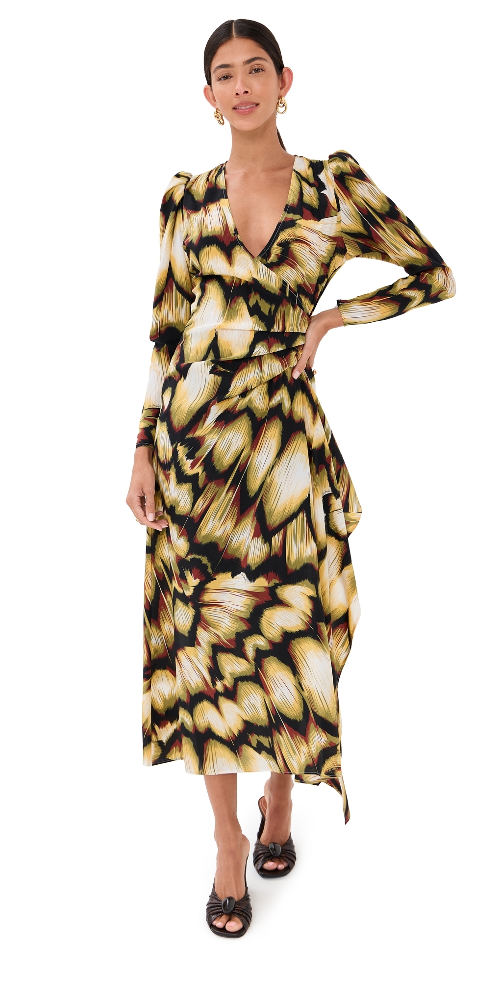 La Doublej Femme Midi Dress With Abstract Feather Print In Brown
