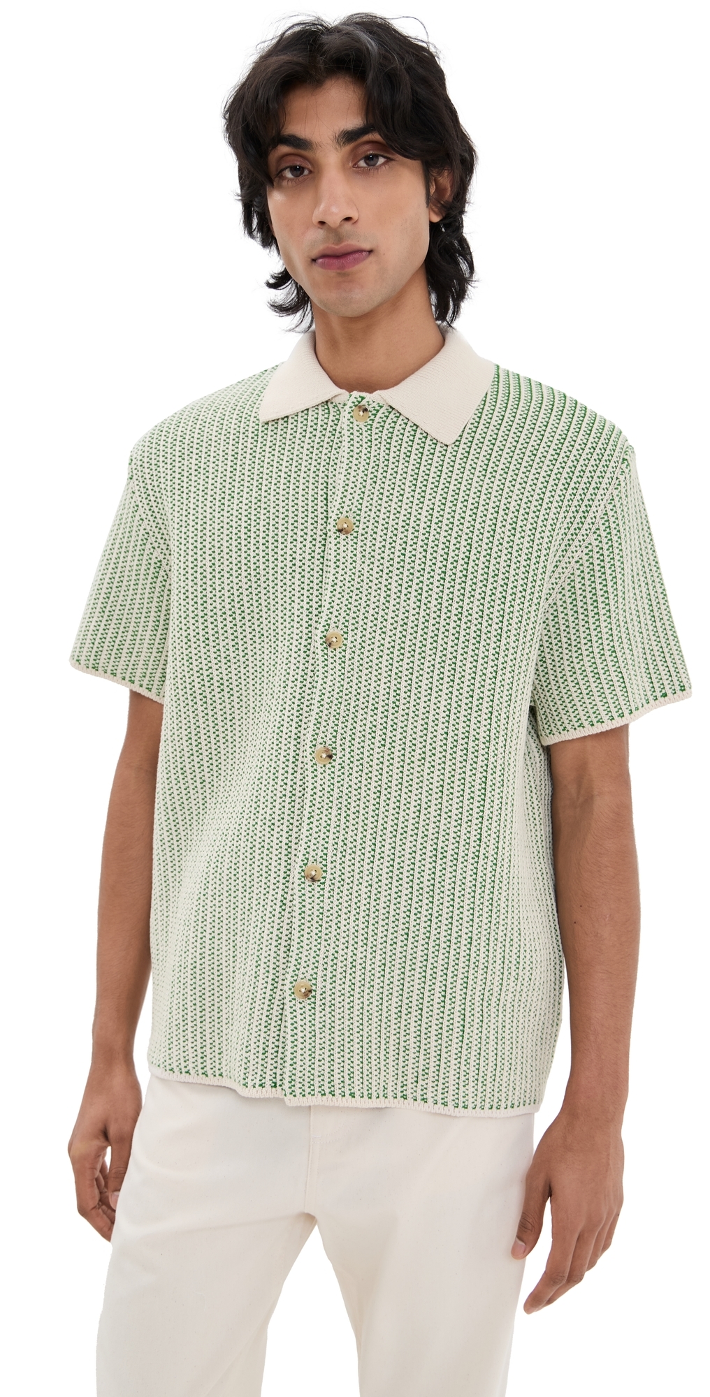 Les Deux Easton Knitted Shirt Ivory/vintage Green In Ivory/vintage Green