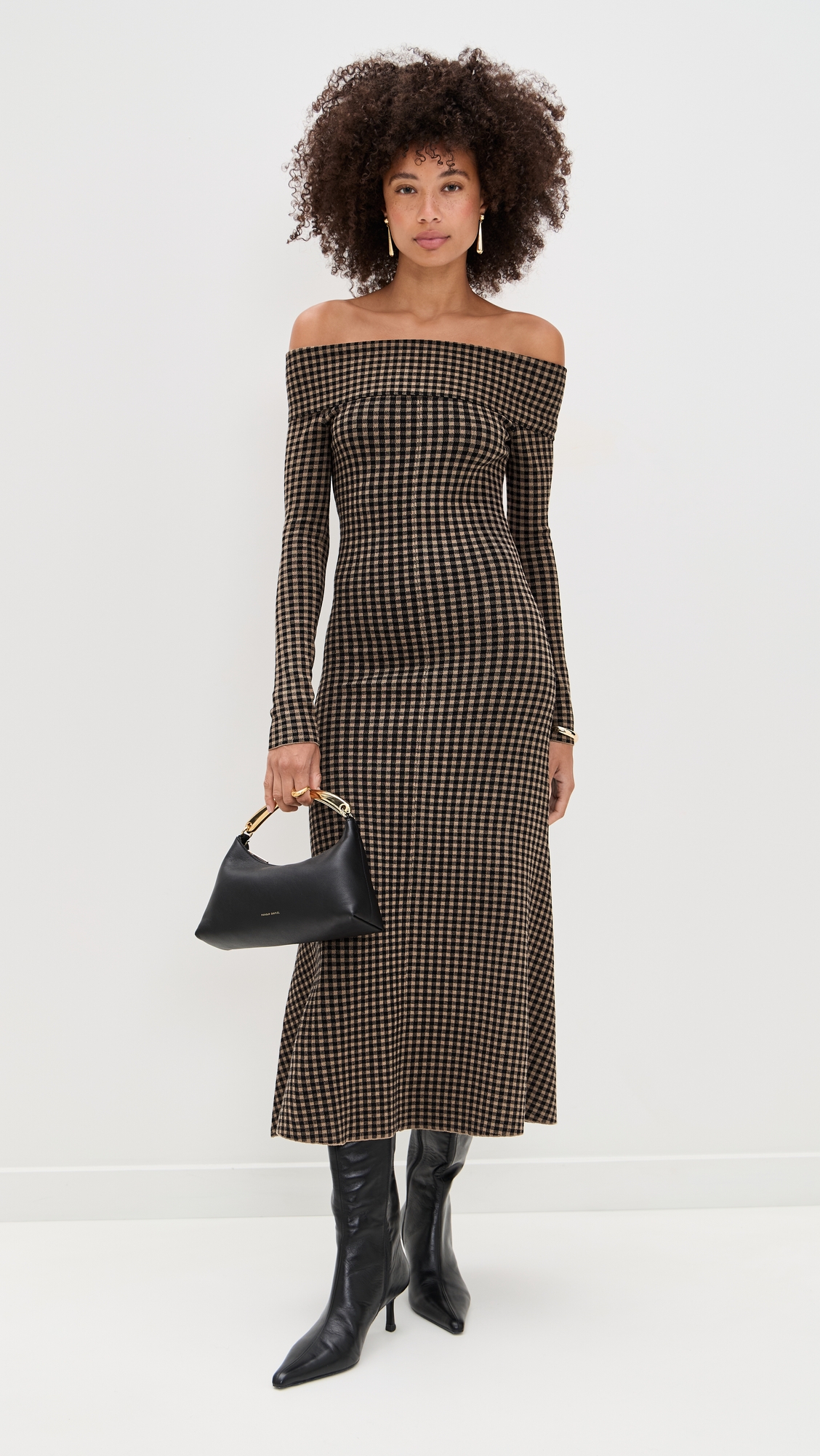 LE BOP Gingham Knit Off Shoulder Dress