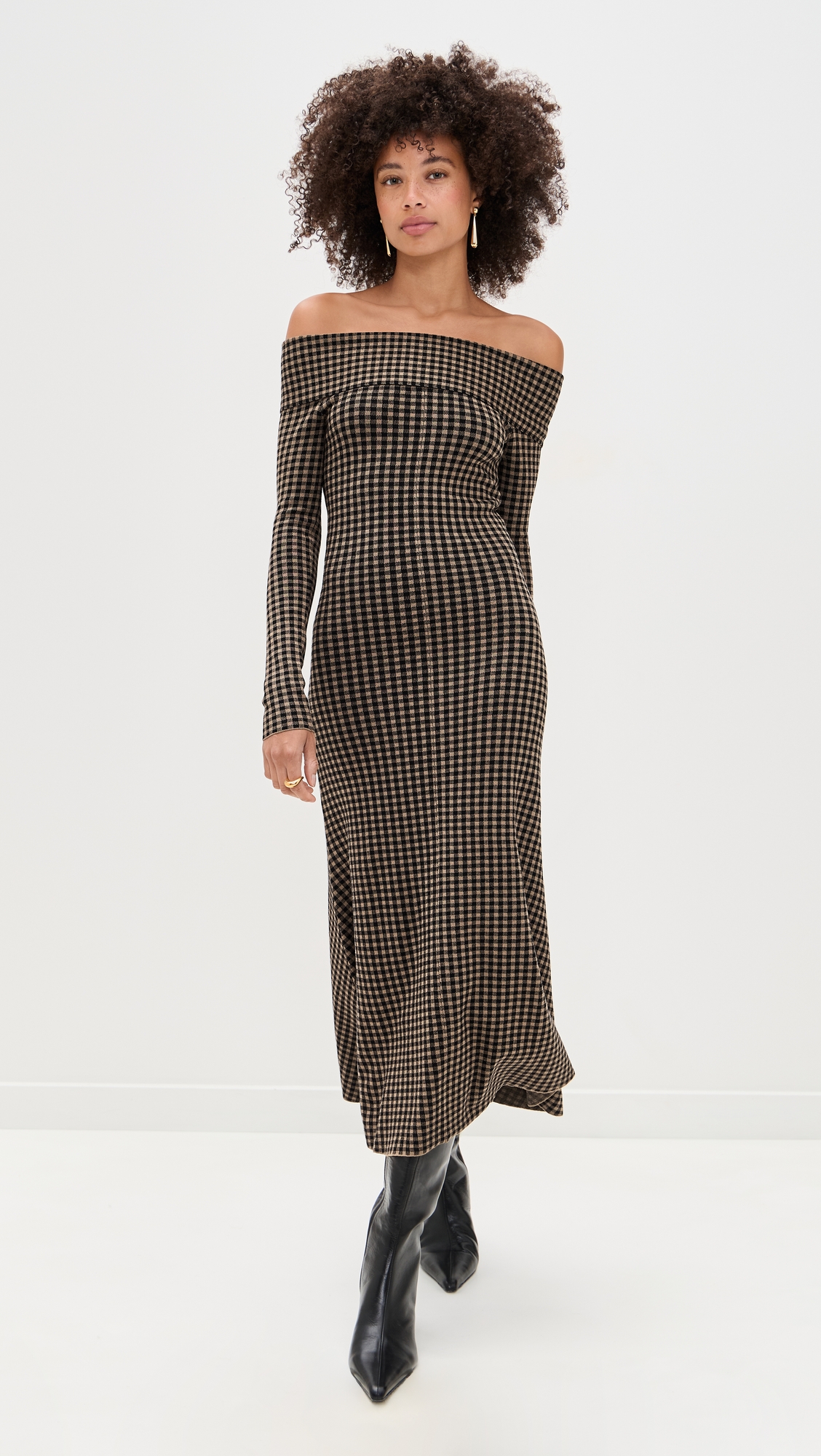 LE BOP Gingham Knit Off Shoulder Dress