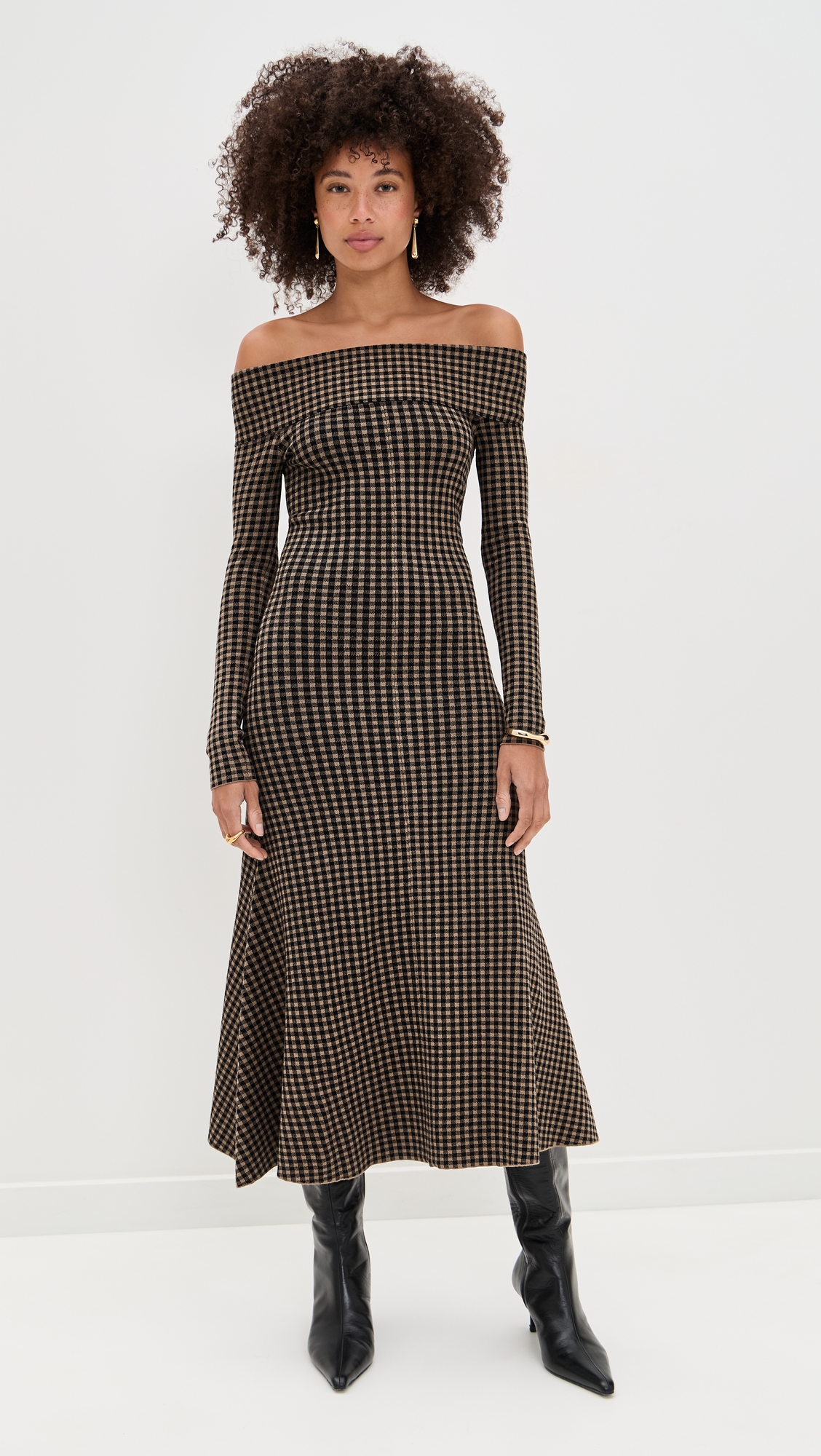 LE BOP Gingham Knit Off Shoulder Dress