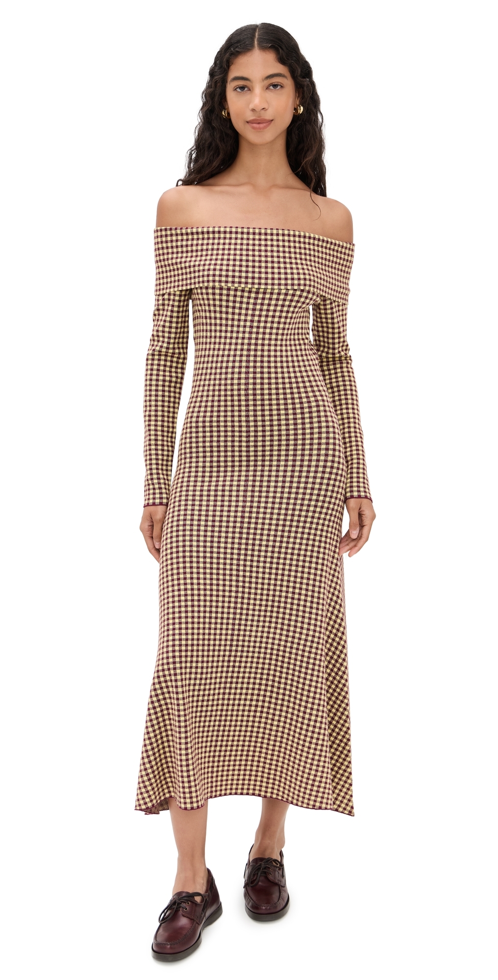 Le Bop Gingham Knit Off Shoulder Dress Burgundy/citrine In Multi