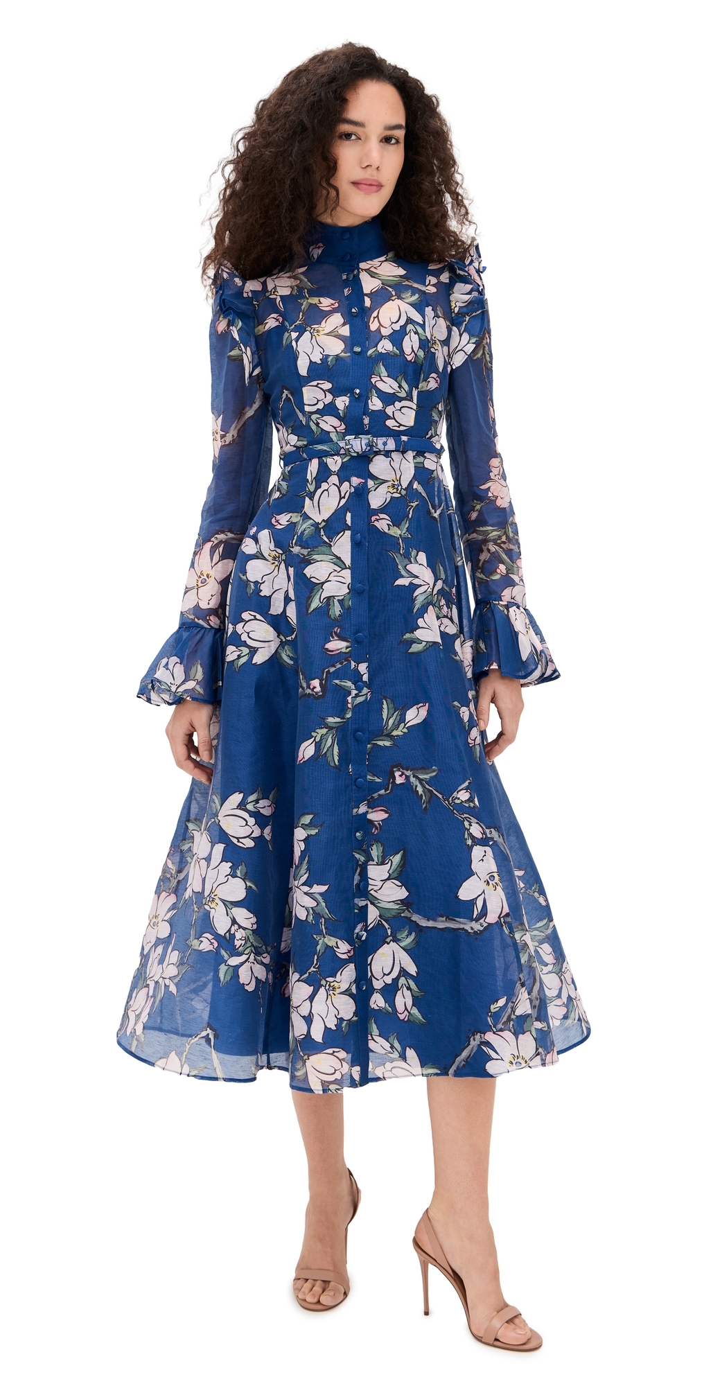 Leo Lin-women's Katrina Butterfly Sleeve Midi Dress Midnight Magnolia Print In Blue
