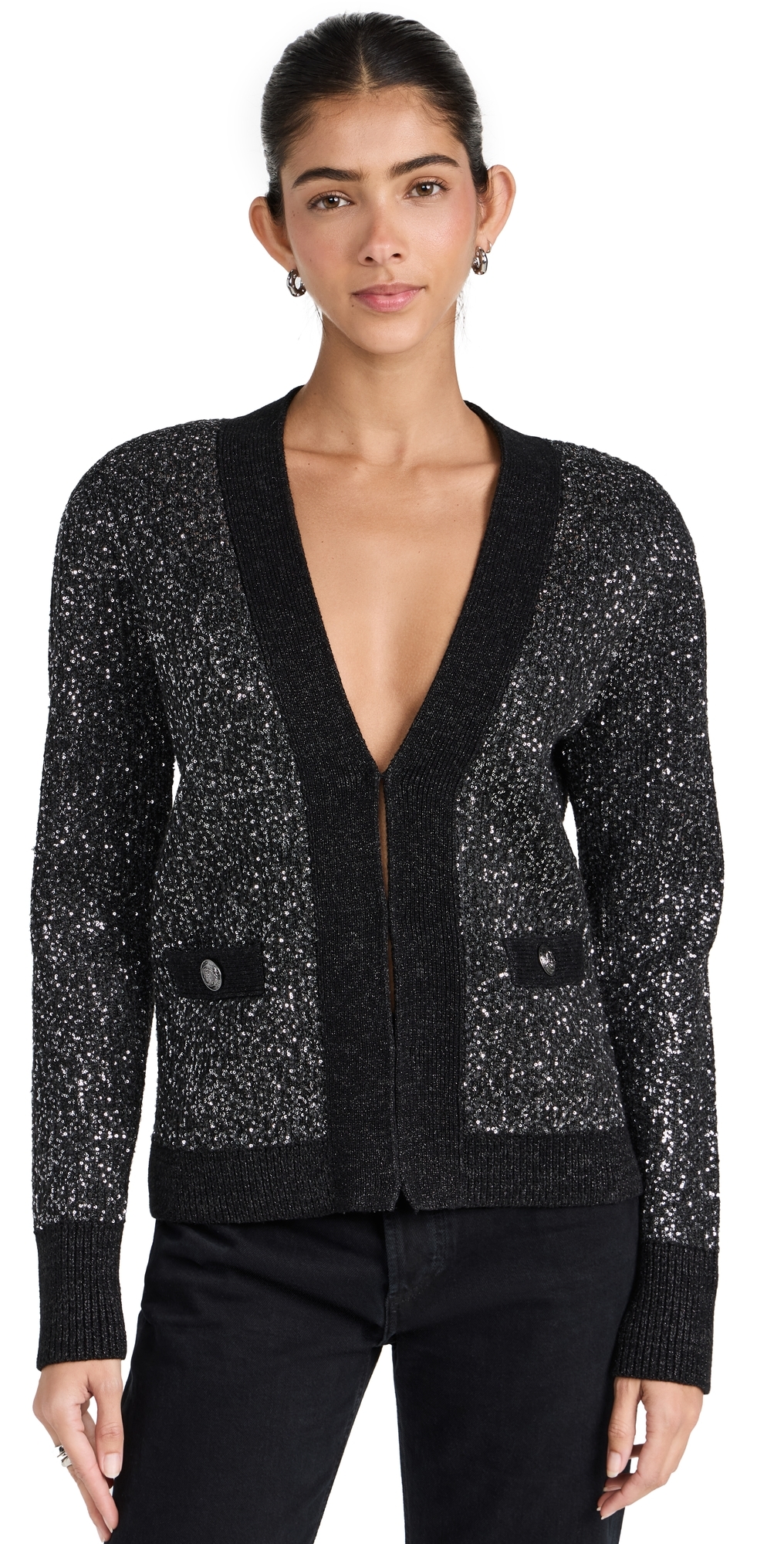 L'agence Jinny Sequin Cardigan In Black/ Charcoal Sequin