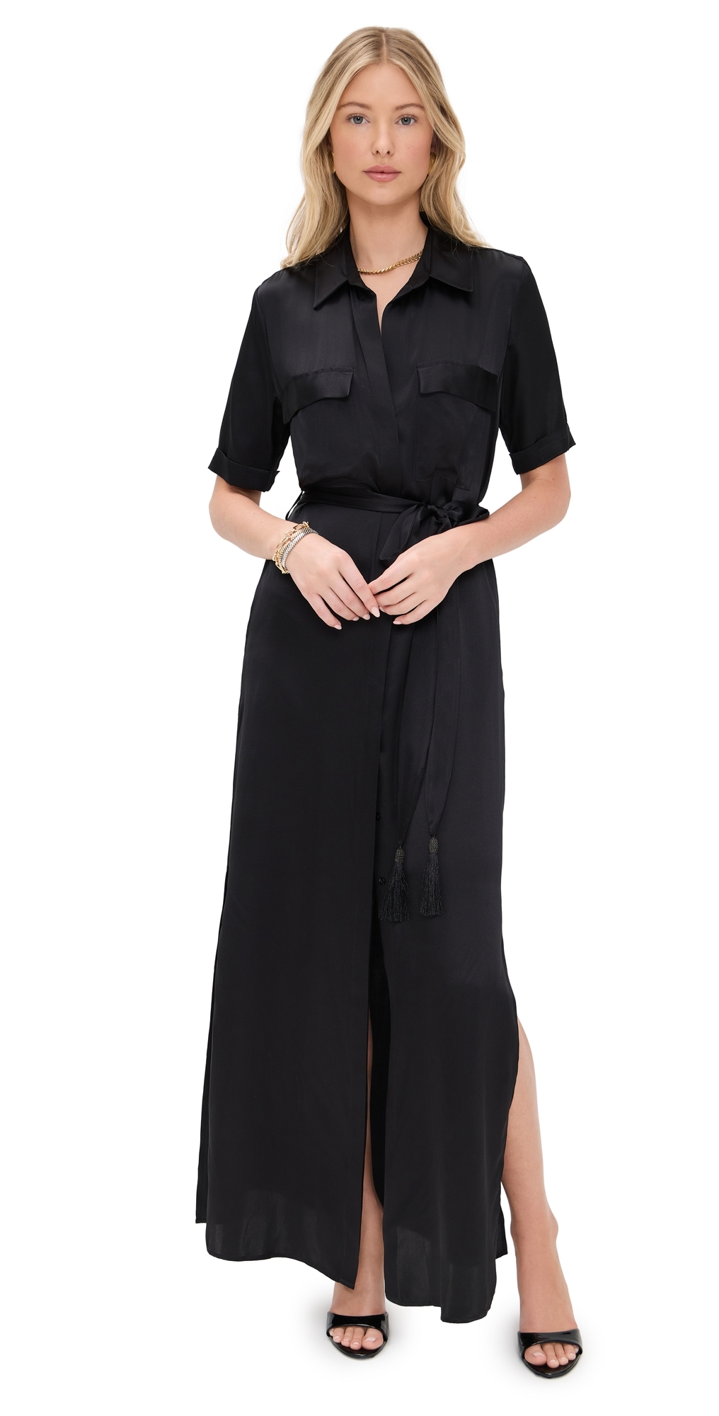L'agence Cameron Long-sleeve Belted Silk Shirtdress In Black