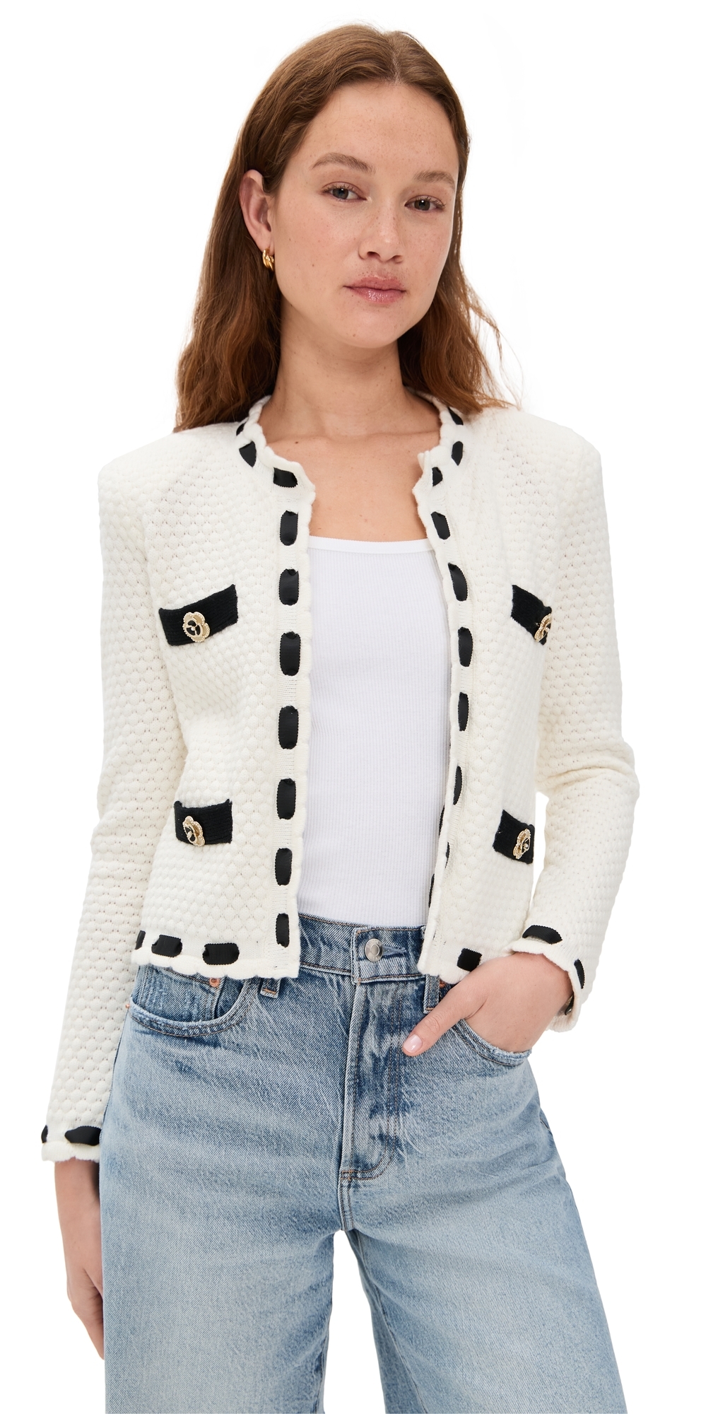 L'agence Astor Contrast Trim Cardigan In Ivory/black