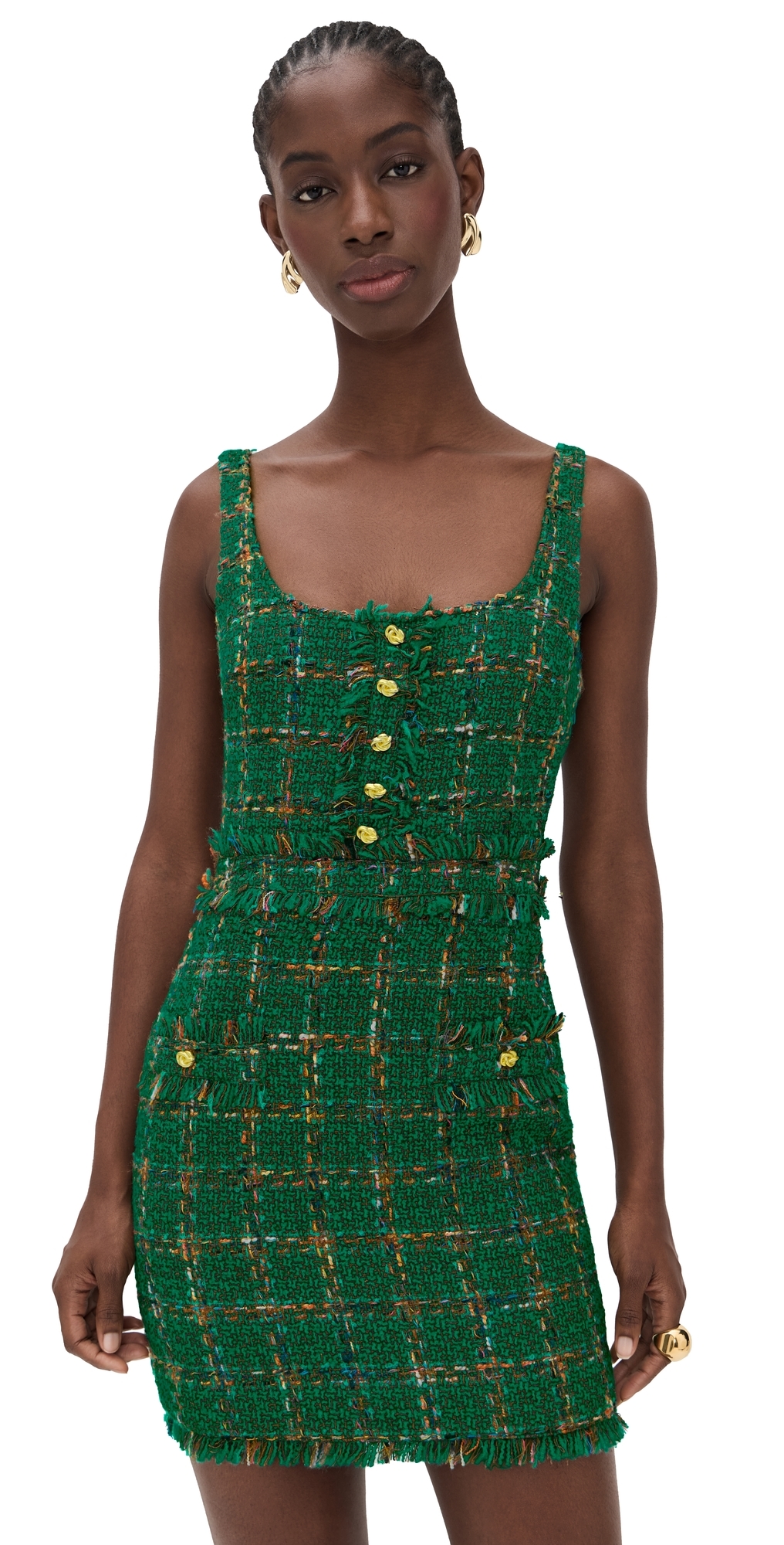 L'agence Valli Square Neck Mini Dress Green Windowpane Tweed In Green