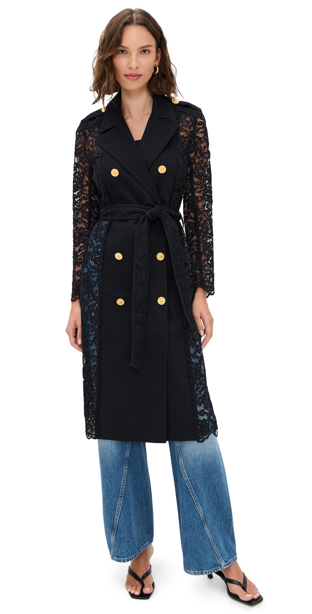 L'agence Amata Belted Lace Trench Coat In Black