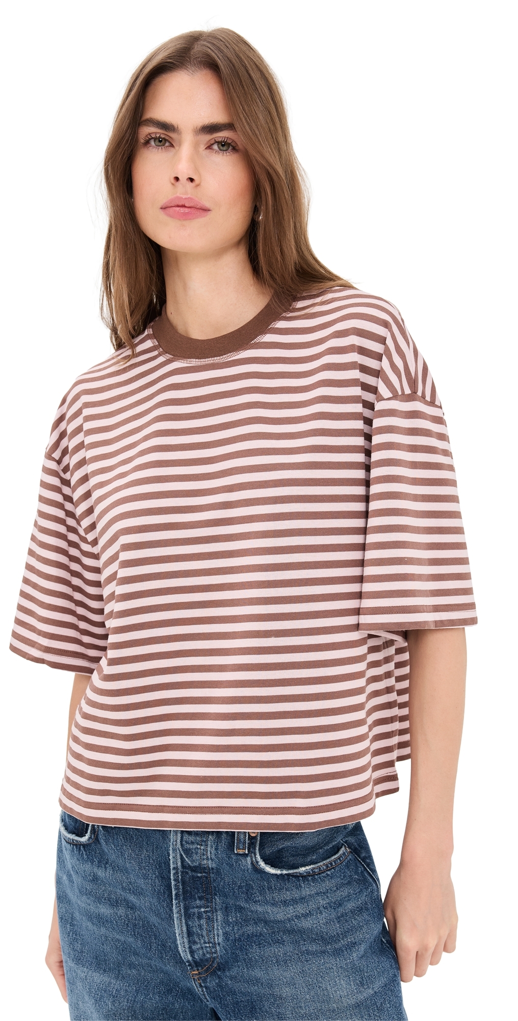 Lioness Bloom Short Sleeve Tee Chocolate Blush Stripe In Brown