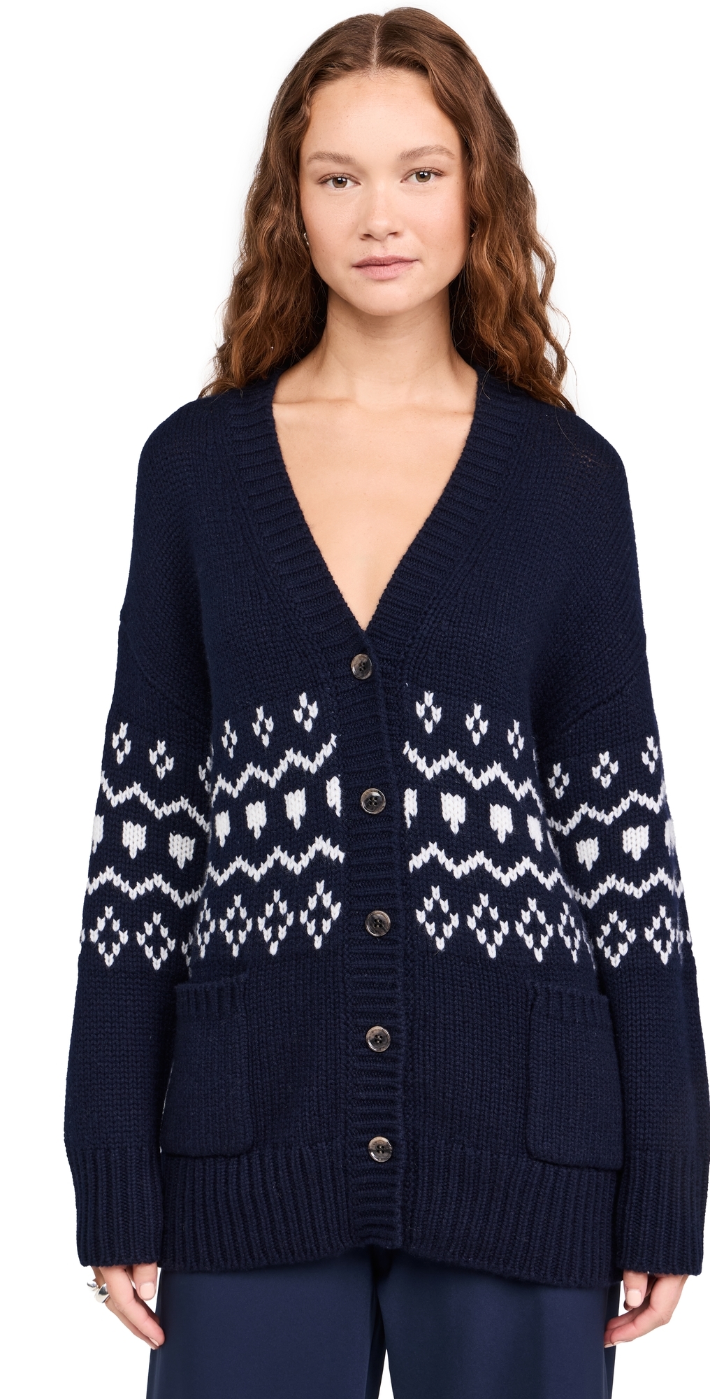 Lisa Yang Greyson Cashmere Cardigan Navy/cream Jacquard In Navy/cream Jacquard