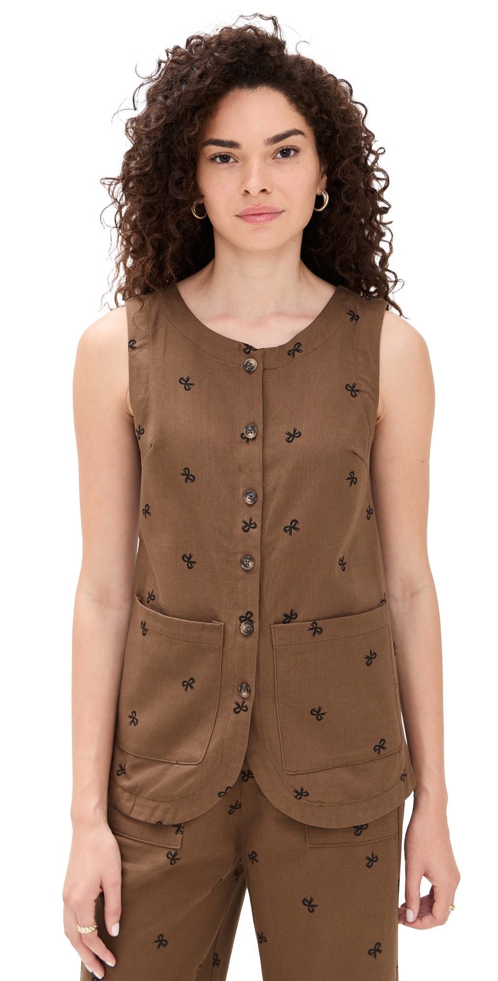 Little Lies Bow Pattern Vest Chocolate In Brown