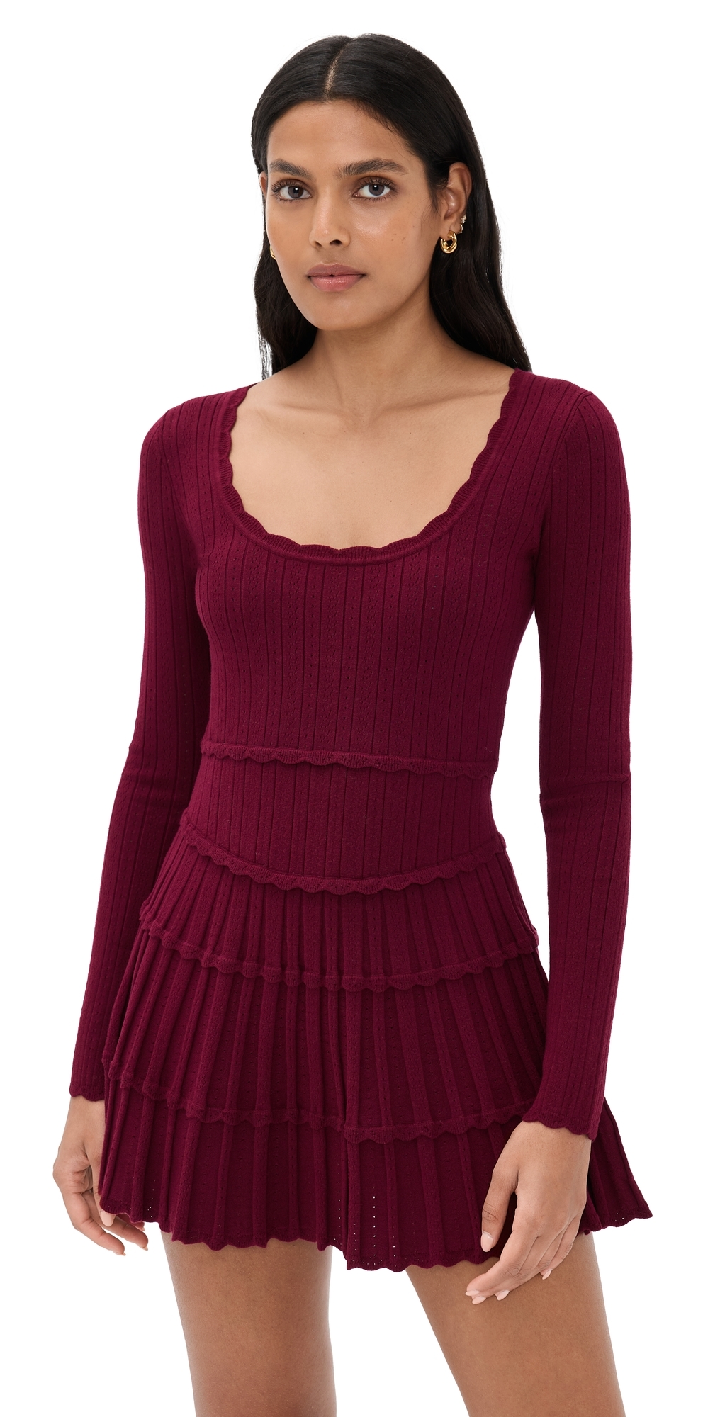 Loveshackfancy Lavender Long Sleeve Pointelle Sweater Minidress Spiced Berry In Burgundy