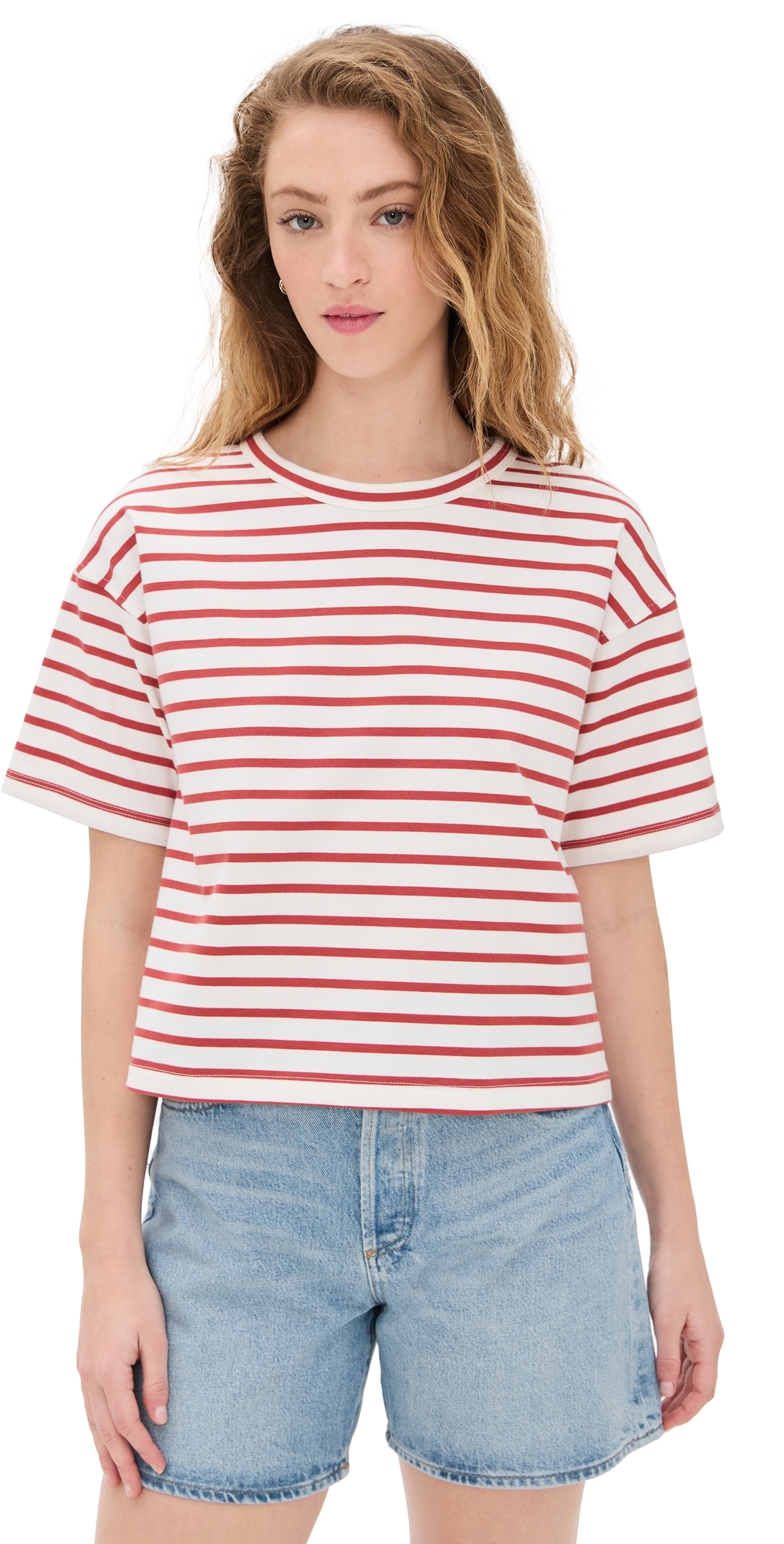 Madewell Everyday Boxy Crop Tee In Stripe Lighthouse Red Stripe In White