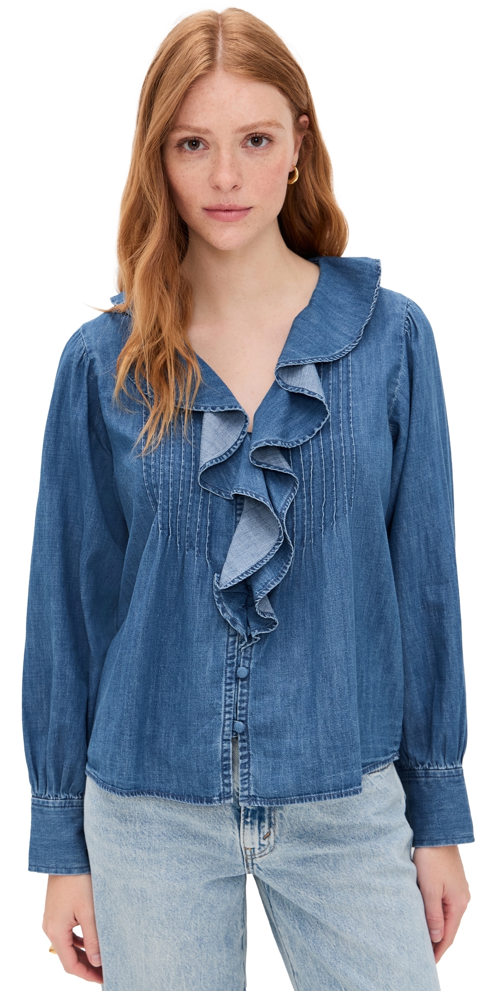 Madewell Denim Ruffled Pintuck Top Lambertville Wash In Blue