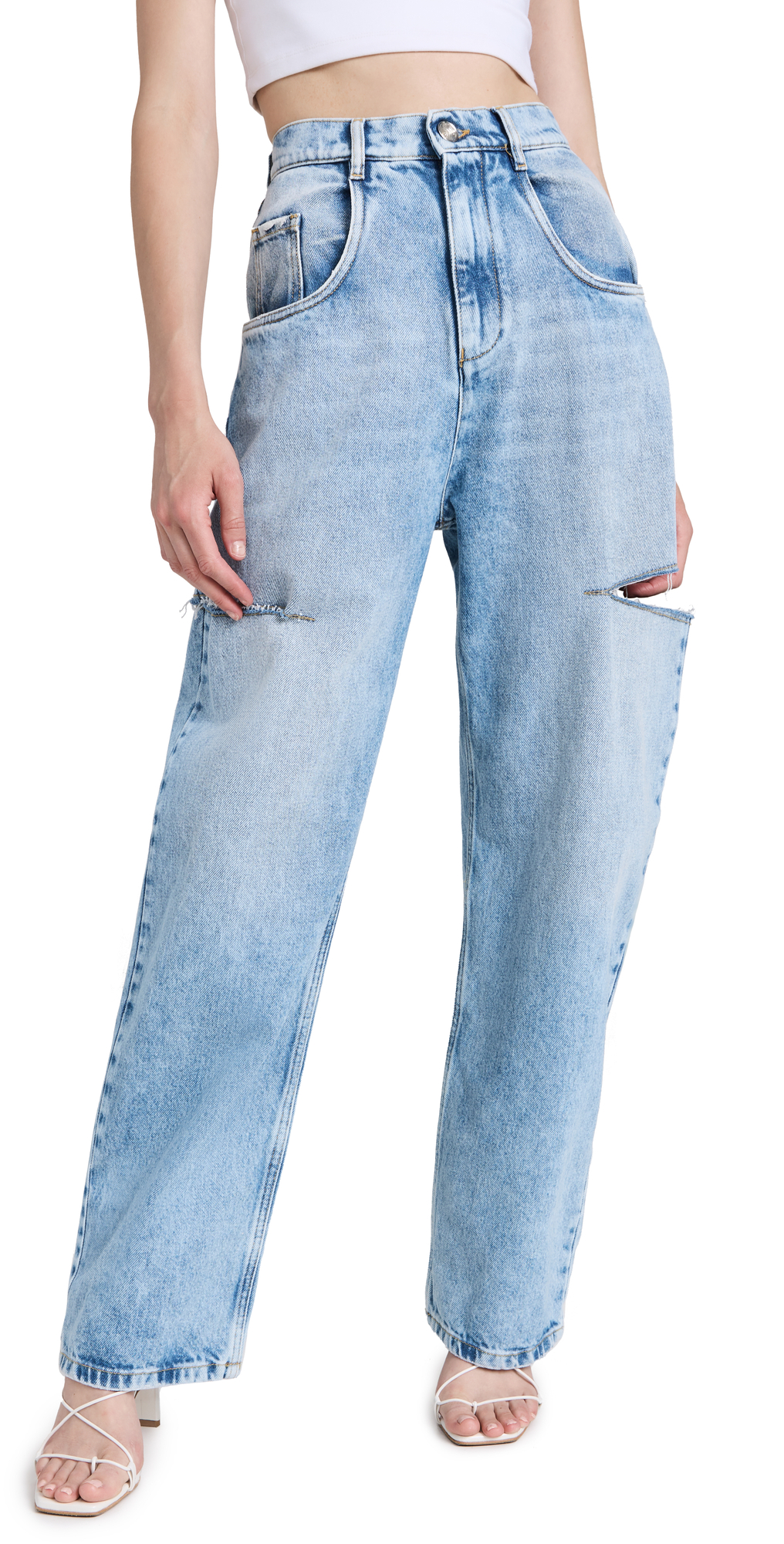 Maison Margiela Light Blue Denim Distressed Straight Leg Jeans With Cut-out In Blue