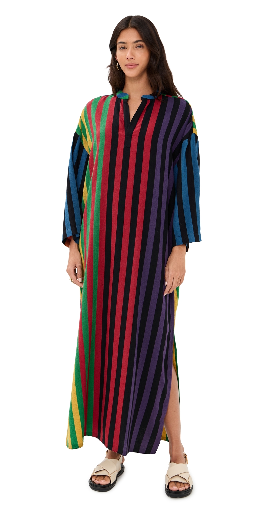 Marrakshi Life The Nero Collar Caftan Stripe 47 In Multi