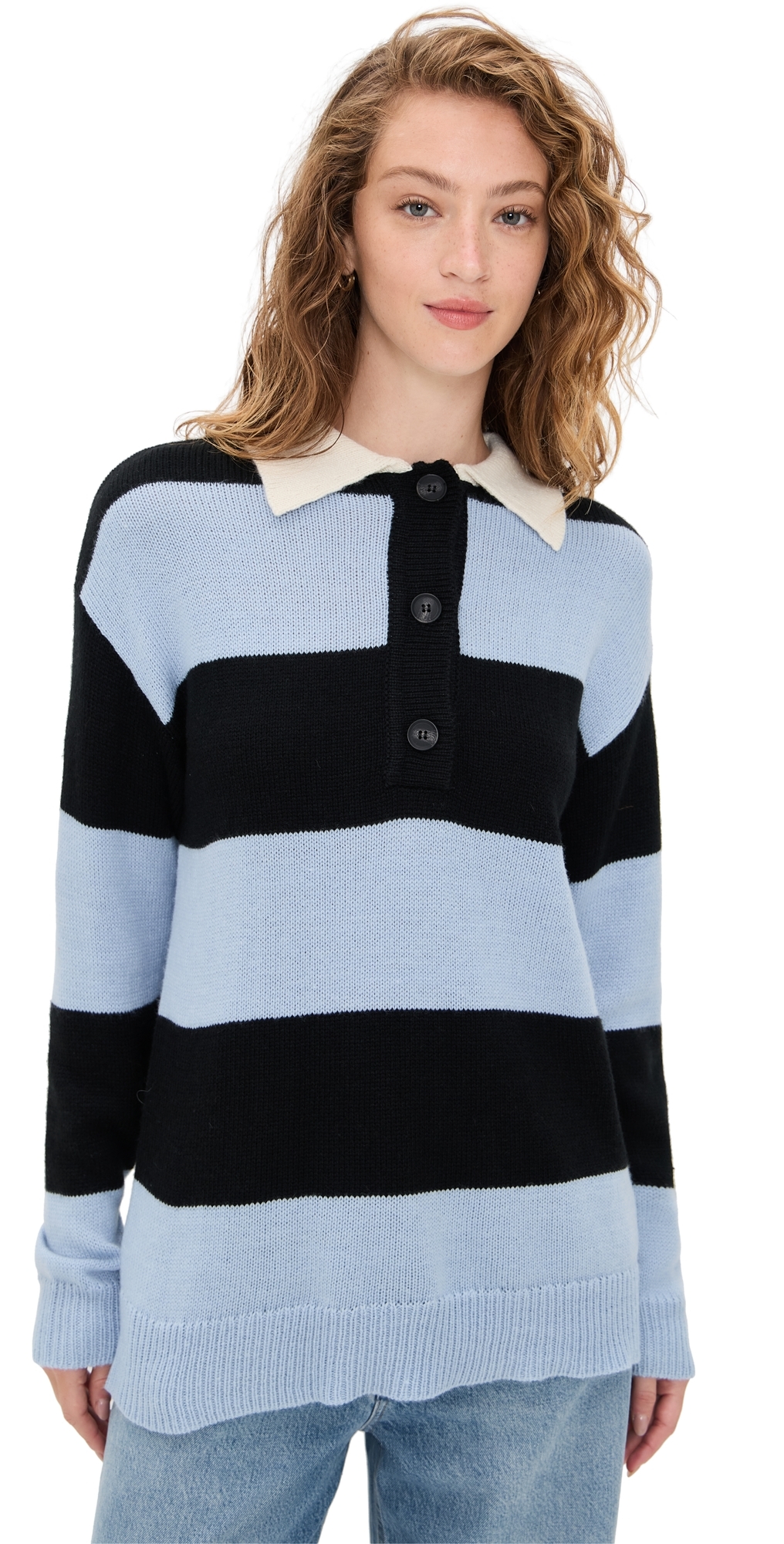 Moon River Striped Collar Pullover Sweater Light Blue Multi In Multi
