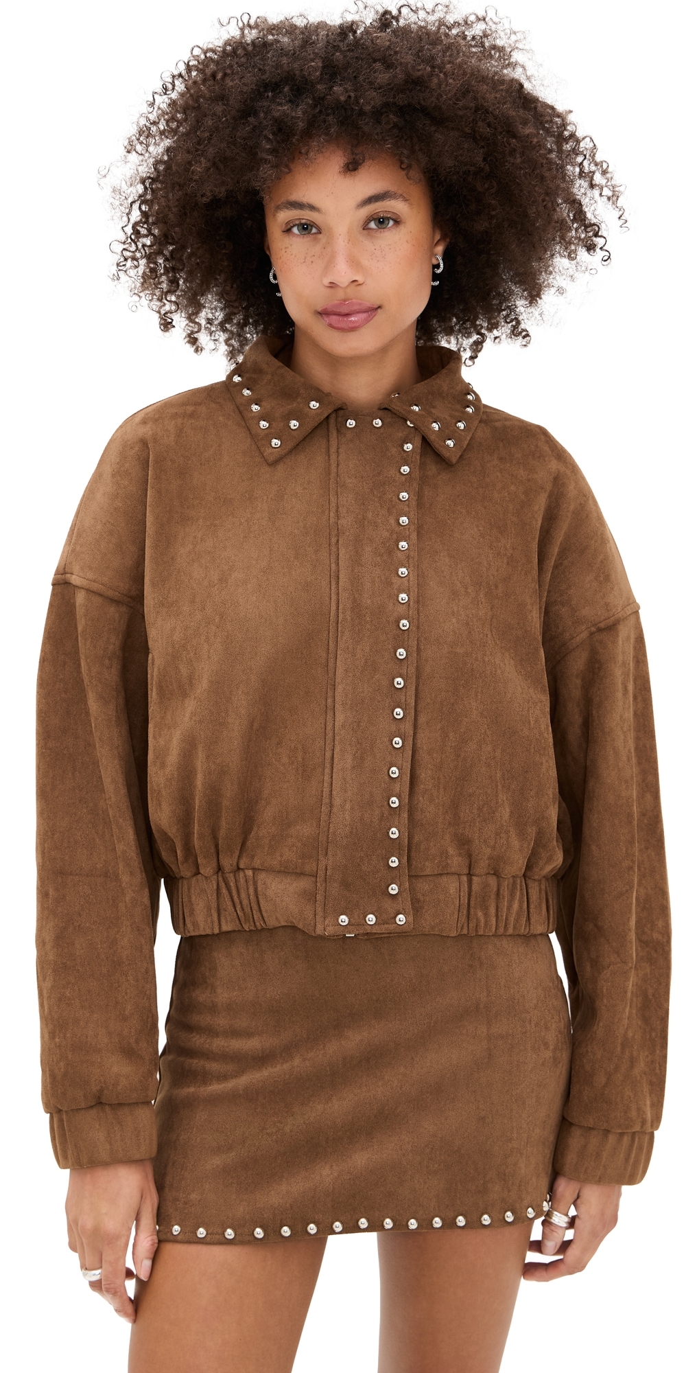 Moon River Stud Detail Zipper Front Jacket Camel In Brown