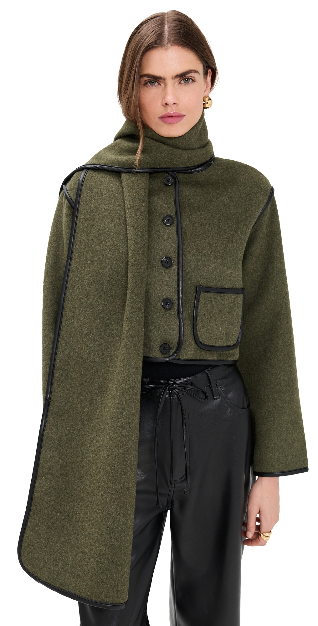 Moon River Faux Leather Trim Button Down Jacket Olive In Green