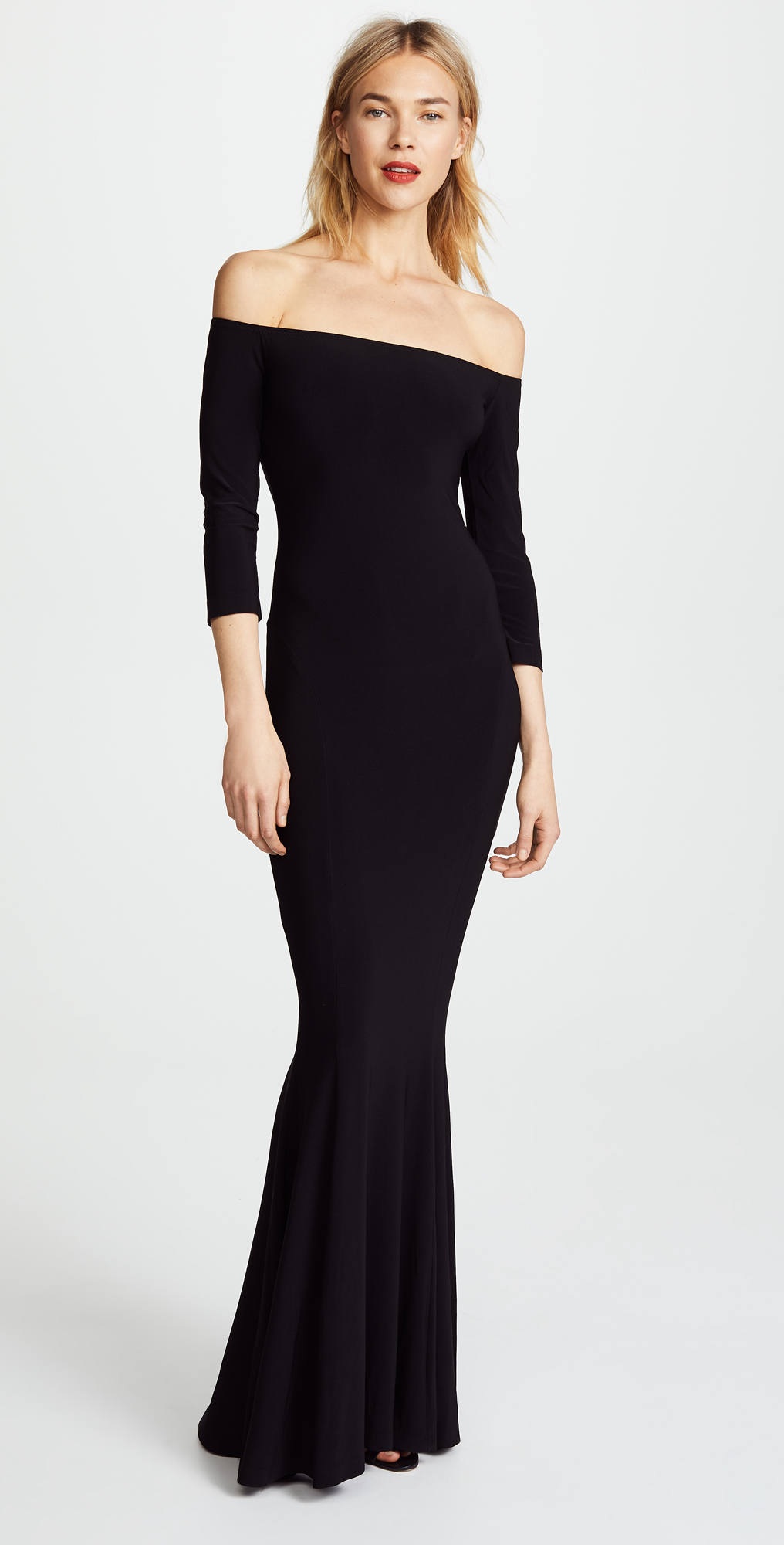 black off the shoulder fishtail dress