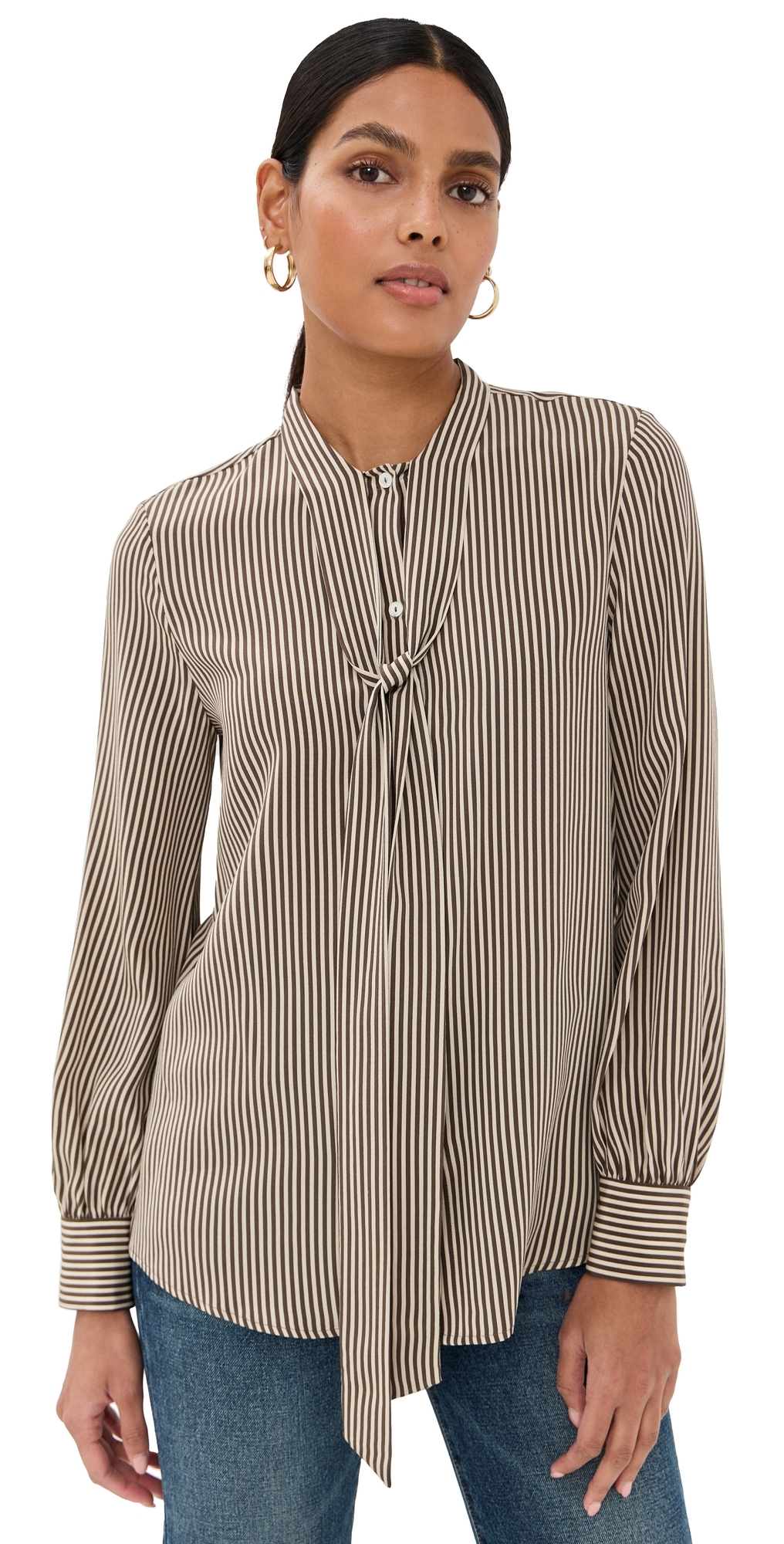 Nili Lotan Irina Tie-neck Striped Silk-crepe Shirt In Brown