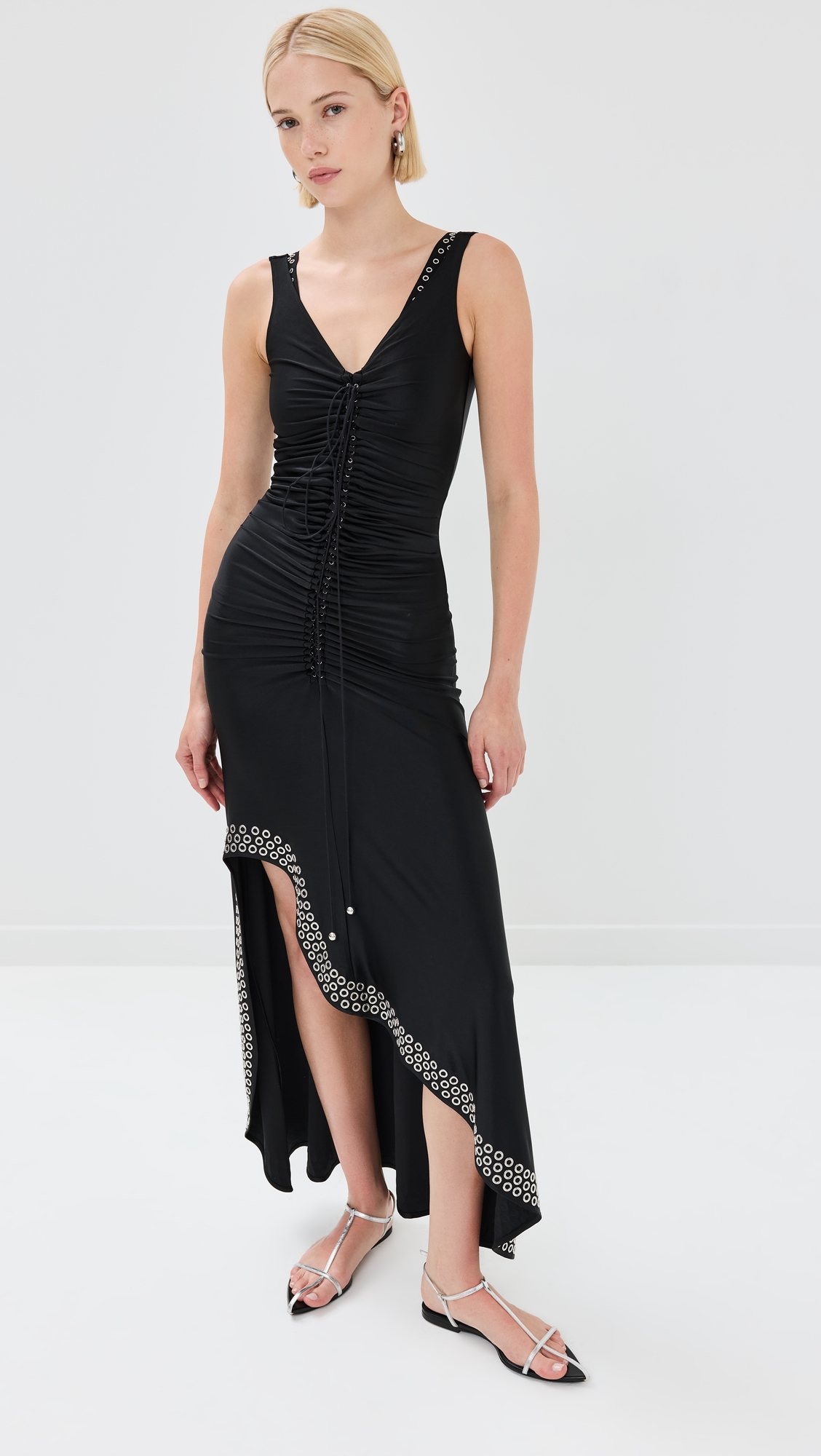 Rabanne Long Black Dress with Embroidered Metallic Eyelets thumbnail