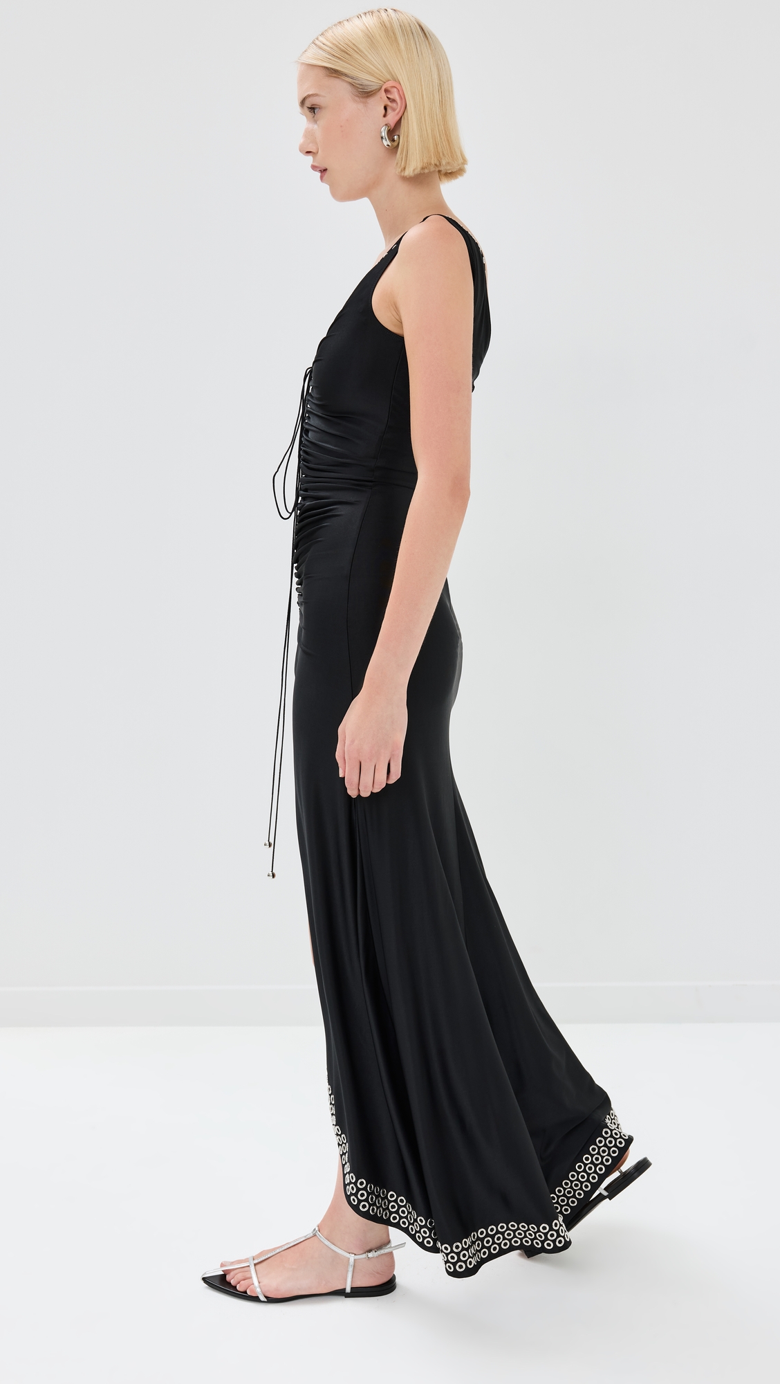 Rabanne Long Black Dress with Embroidered Metallic Eyelets thumbnail