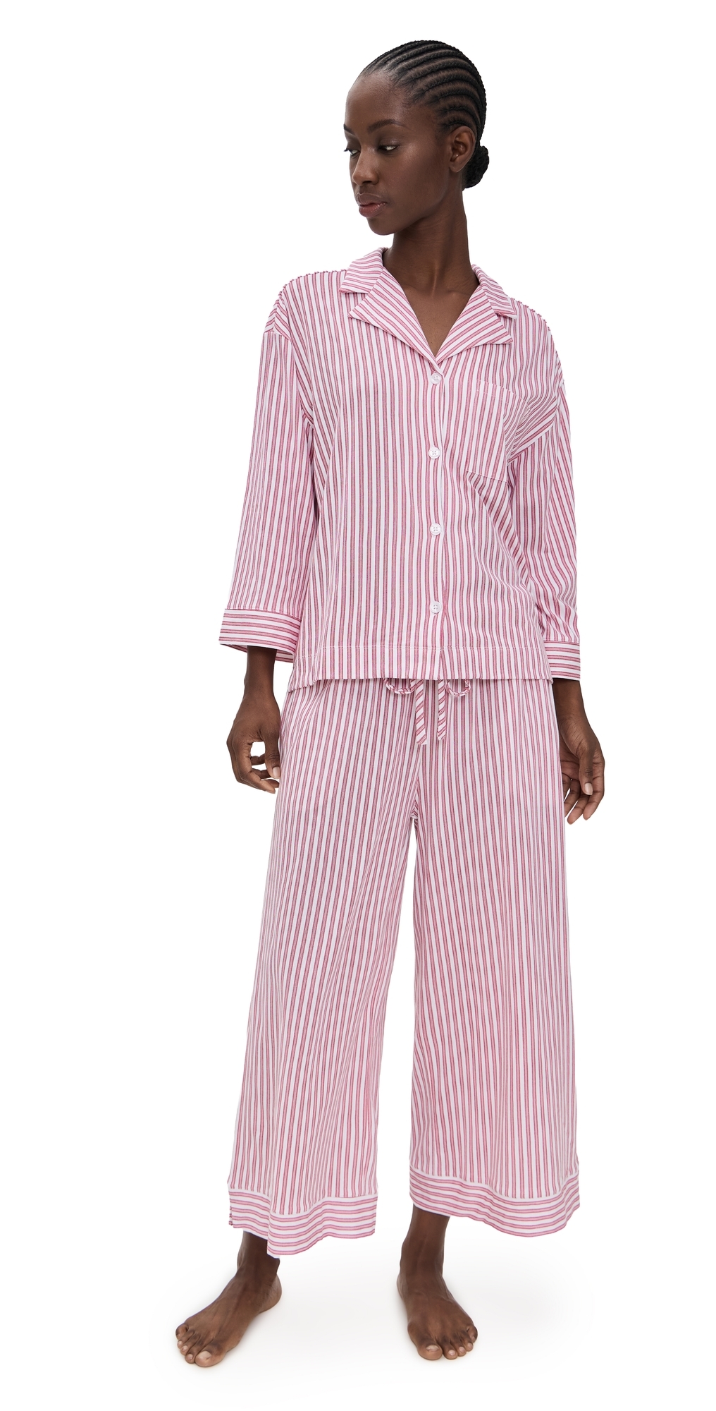Petite Plume Luxe Pima Antique Ticking Wide Leg Pajama Set Antique Red Ticking In Pink
