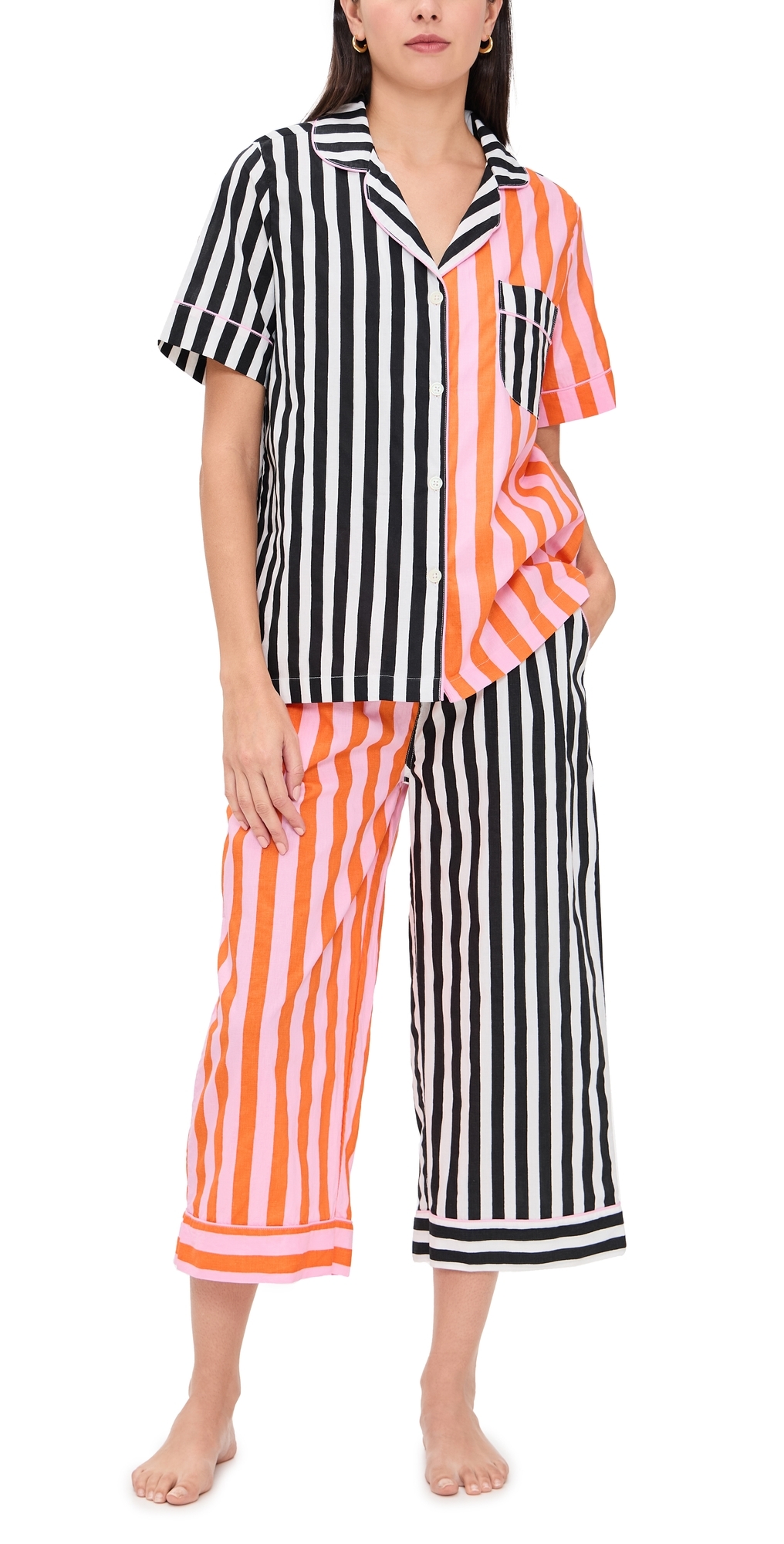 Printfresh Short Sleeve Cropped Pajama Set Showtime Stripes/skeleton In Multi