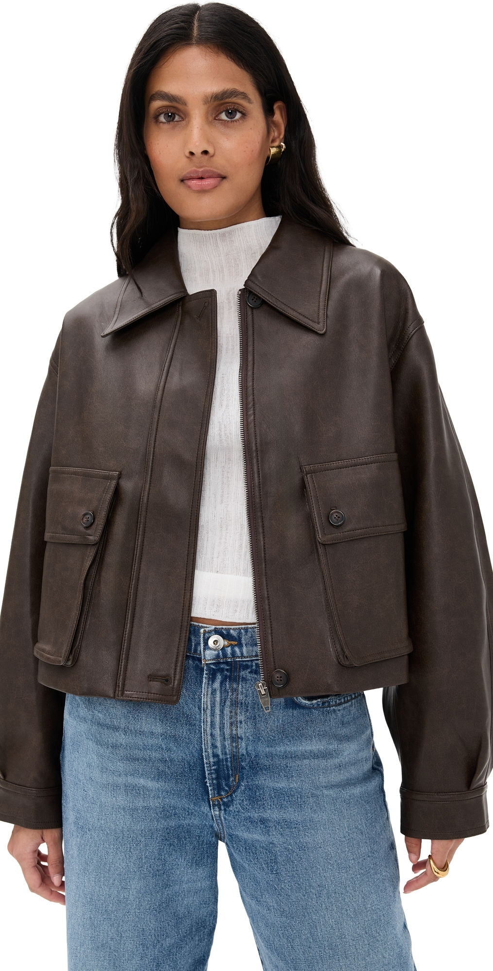 Pixie Market Brown Patch Pocket Faux Leather Jacket Brown In Brown