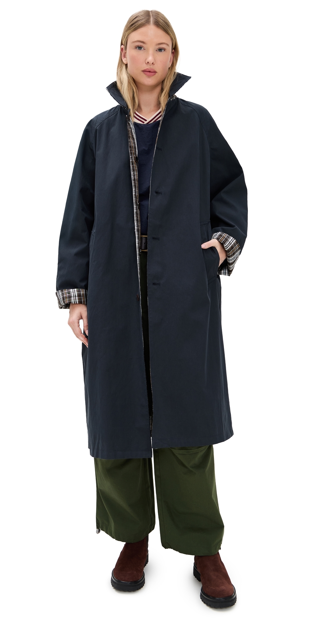 Pixie Market Reversible Plaid Trench Coat Navy In Blue