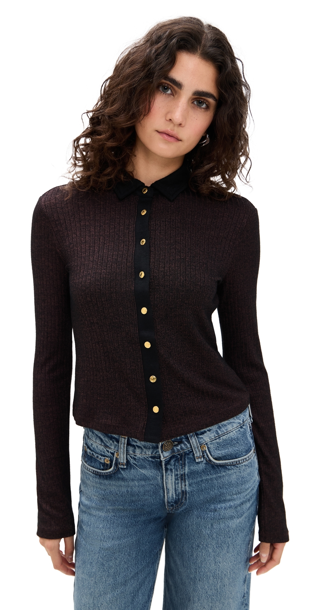 Rag & Bone The Knit Contrast Long Sleeve Polo Dark Brown In Brown