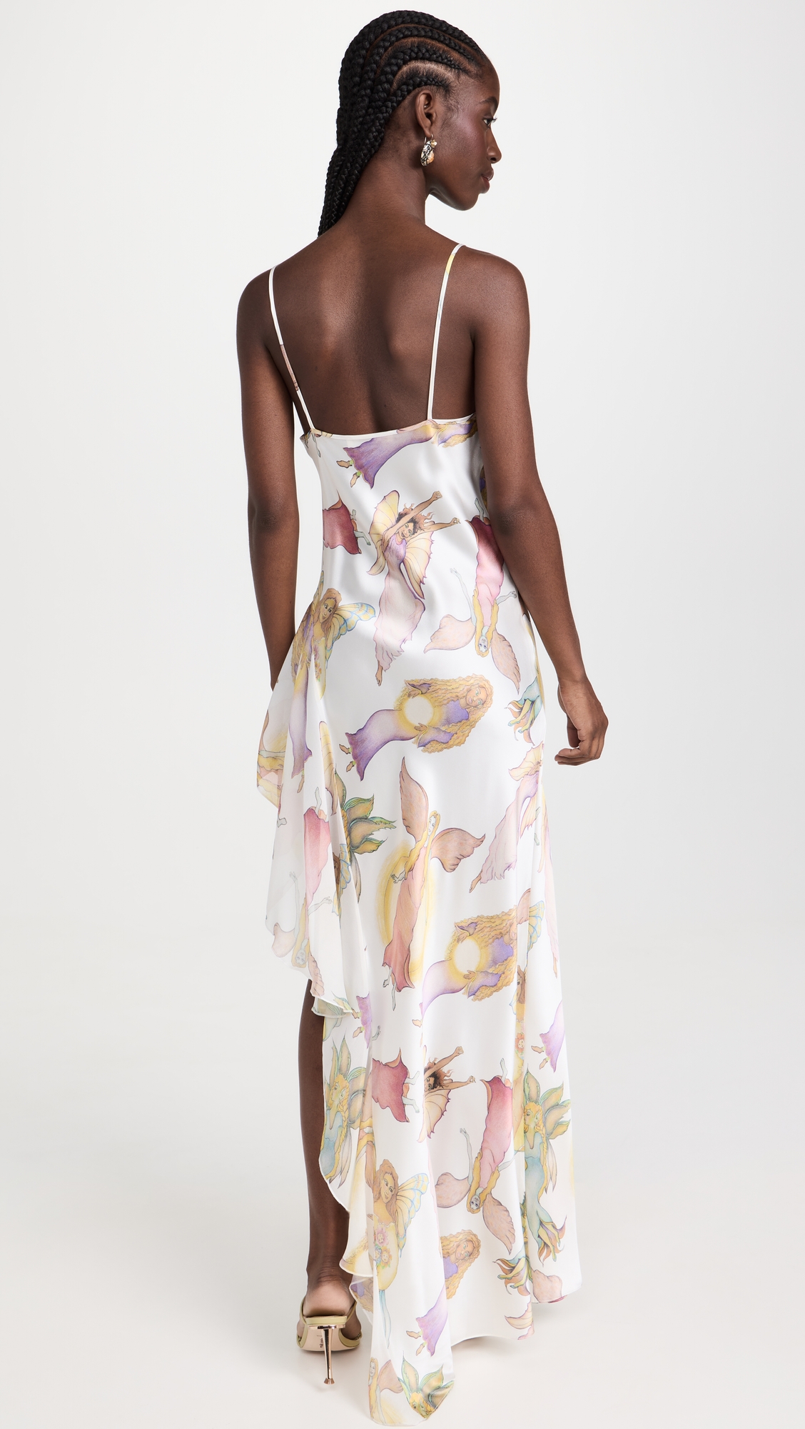 Rodarte Off White Fairy Printed Silk Asymmetrical Cowl Neck Bias Gown thumbnail