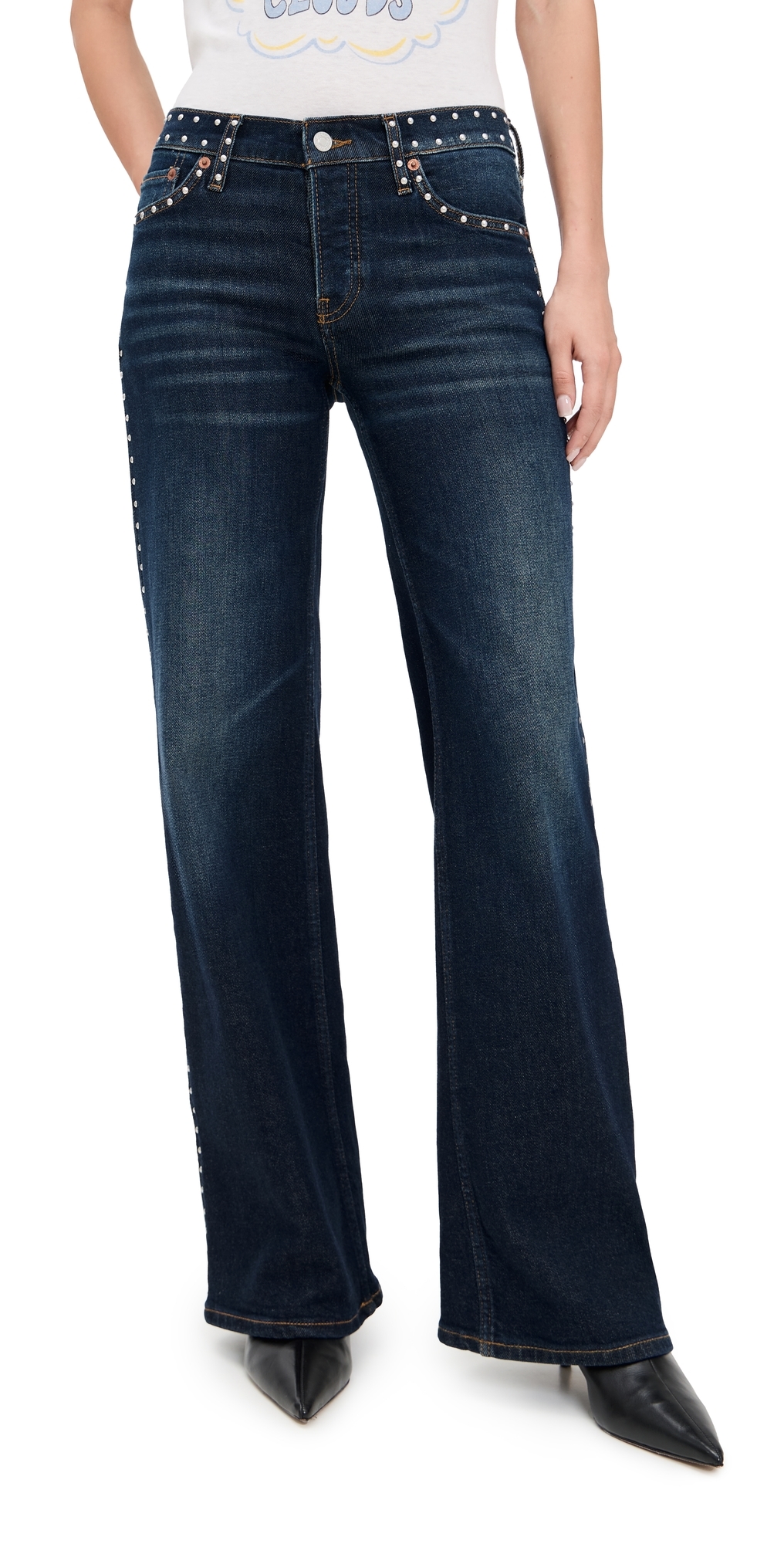 Re/done Studded Mid Rise Wide Leg Jeans Barely Worn Stud In Blue