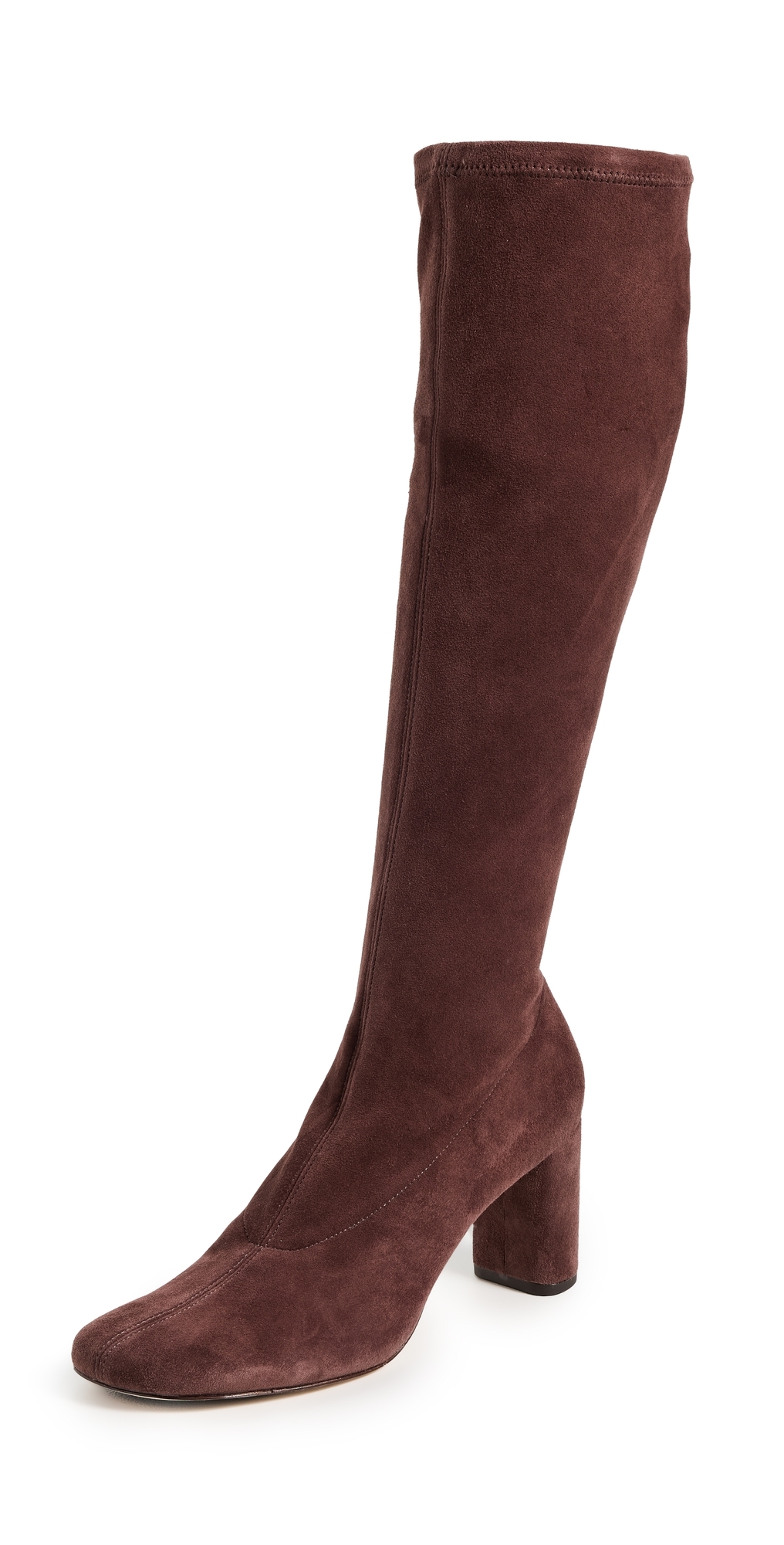Reformation Belinda Knee High Boots Oak Stretch Suede In Brown