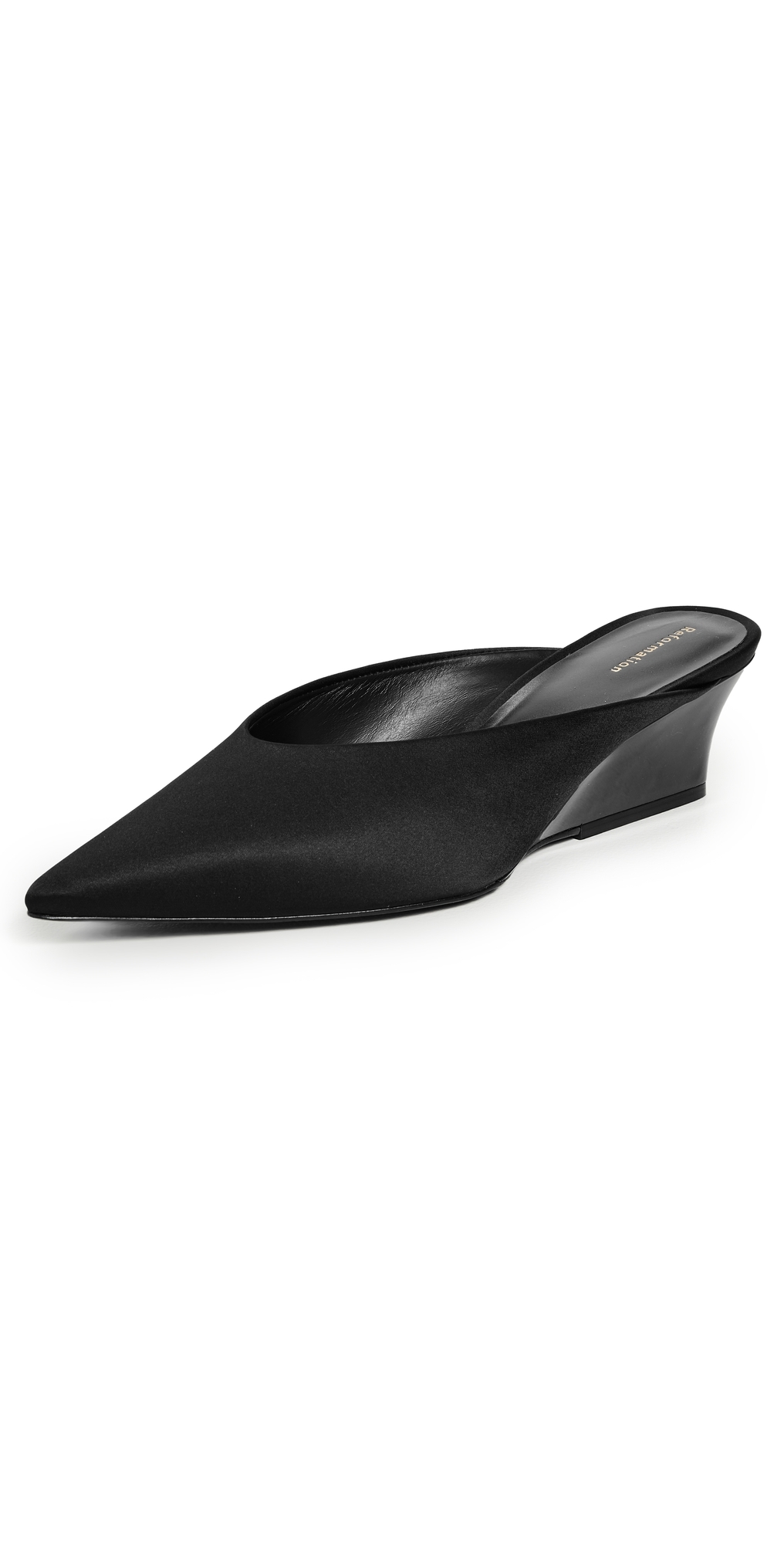 Reformation Marilyn Wedge Mules Black Satin In Black