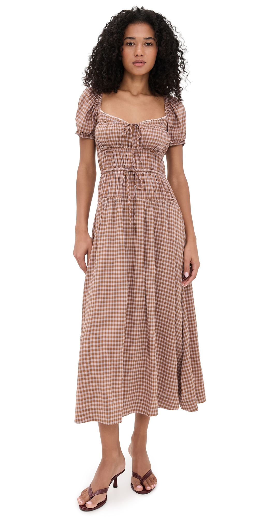 Reformation Rhett Checked Woven Midi Dress In Brown