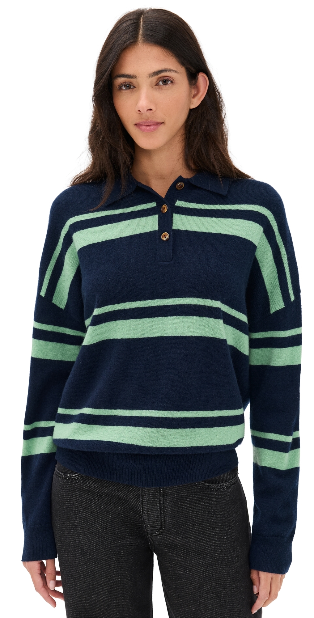 Renggli Cashmere Striped Polo Midnight/jade In Blue