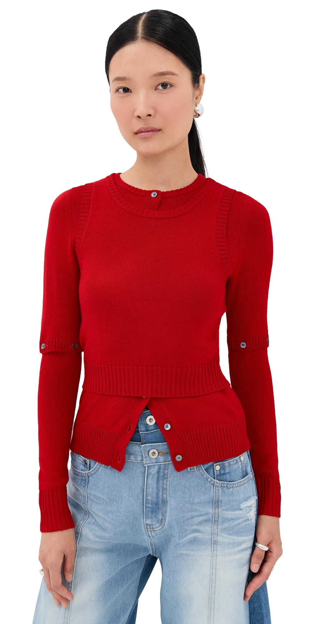 Rokh Detachable Sleeve Cardigan And Tank Top Red In Red