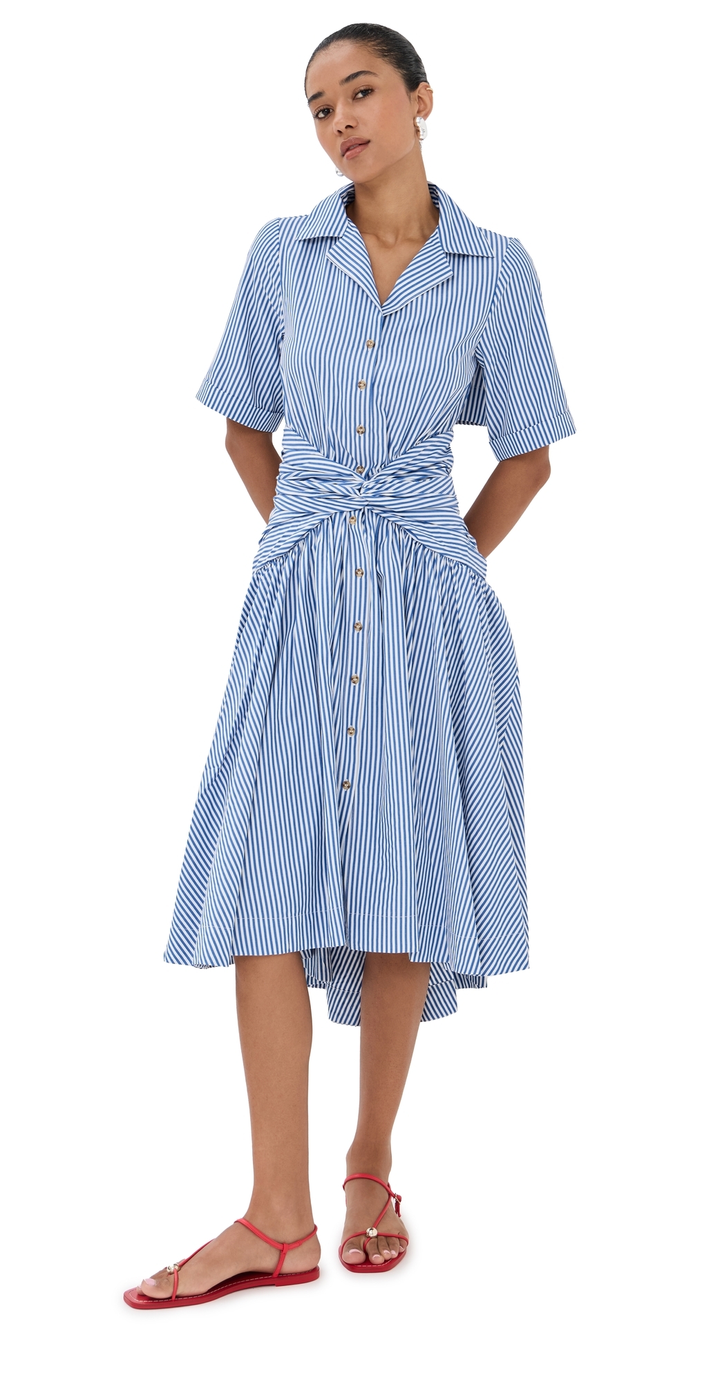 Rosie Assoulin Tie Shirt Dress In Cotton Poplin Stripe Blue In Blue